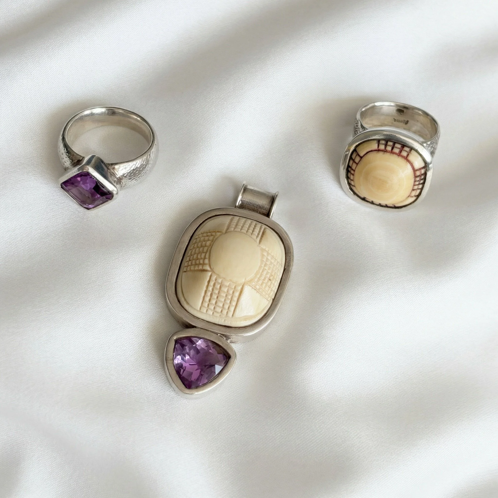 WEST AFRICAN Silver Set with Amethyst and Carved IVORY Detail.