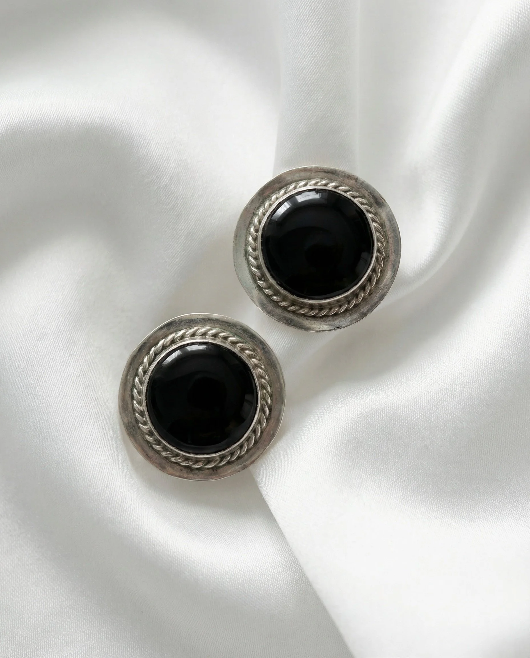 Black Onyx Silver Rope Frame Stud Earrings