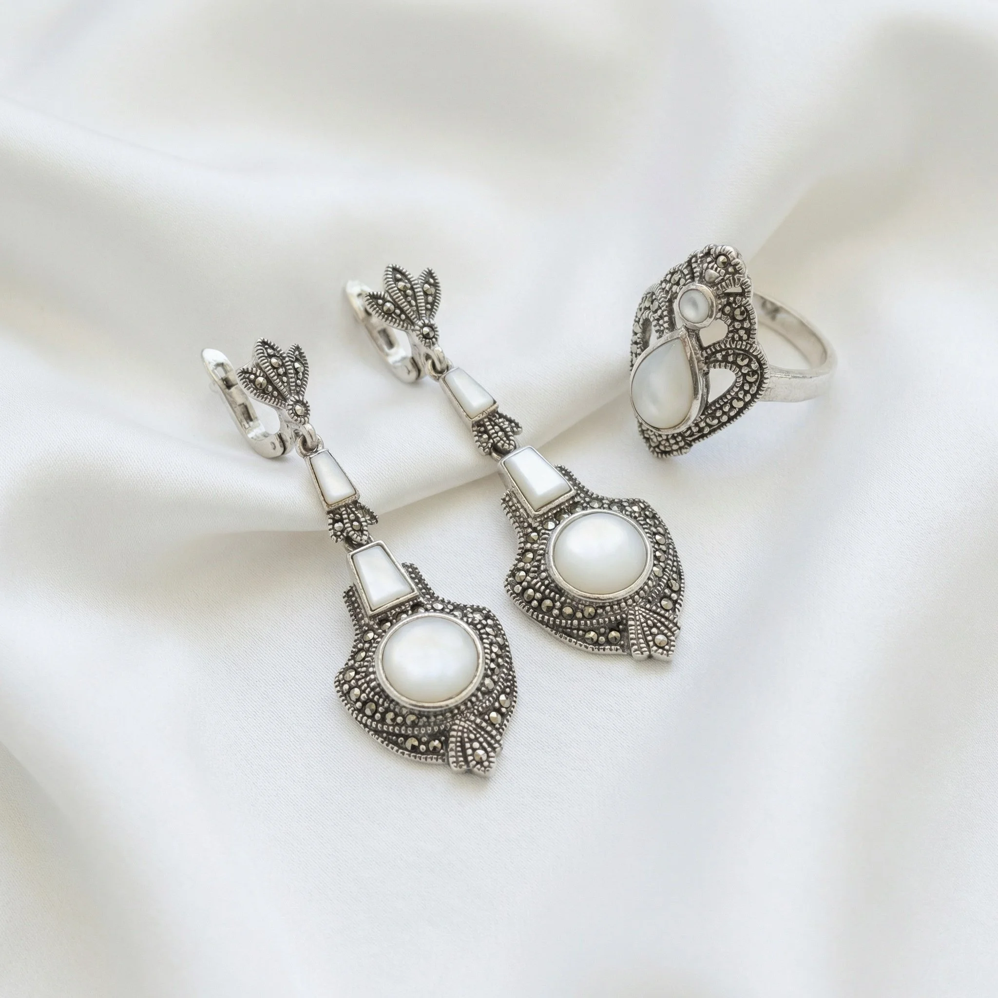 Sterling Silver Mother-of-Pearl and Marcasite Jewelry Set