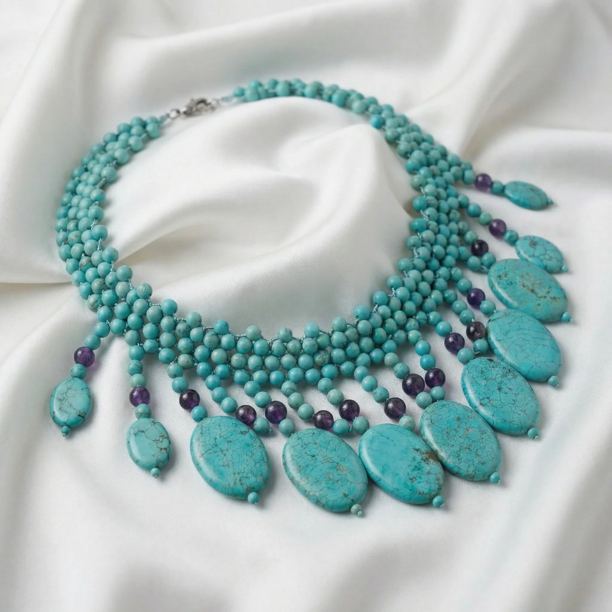 Fringe Statement Necklace With Turquoise-Toned Stones And Amethyst Accents