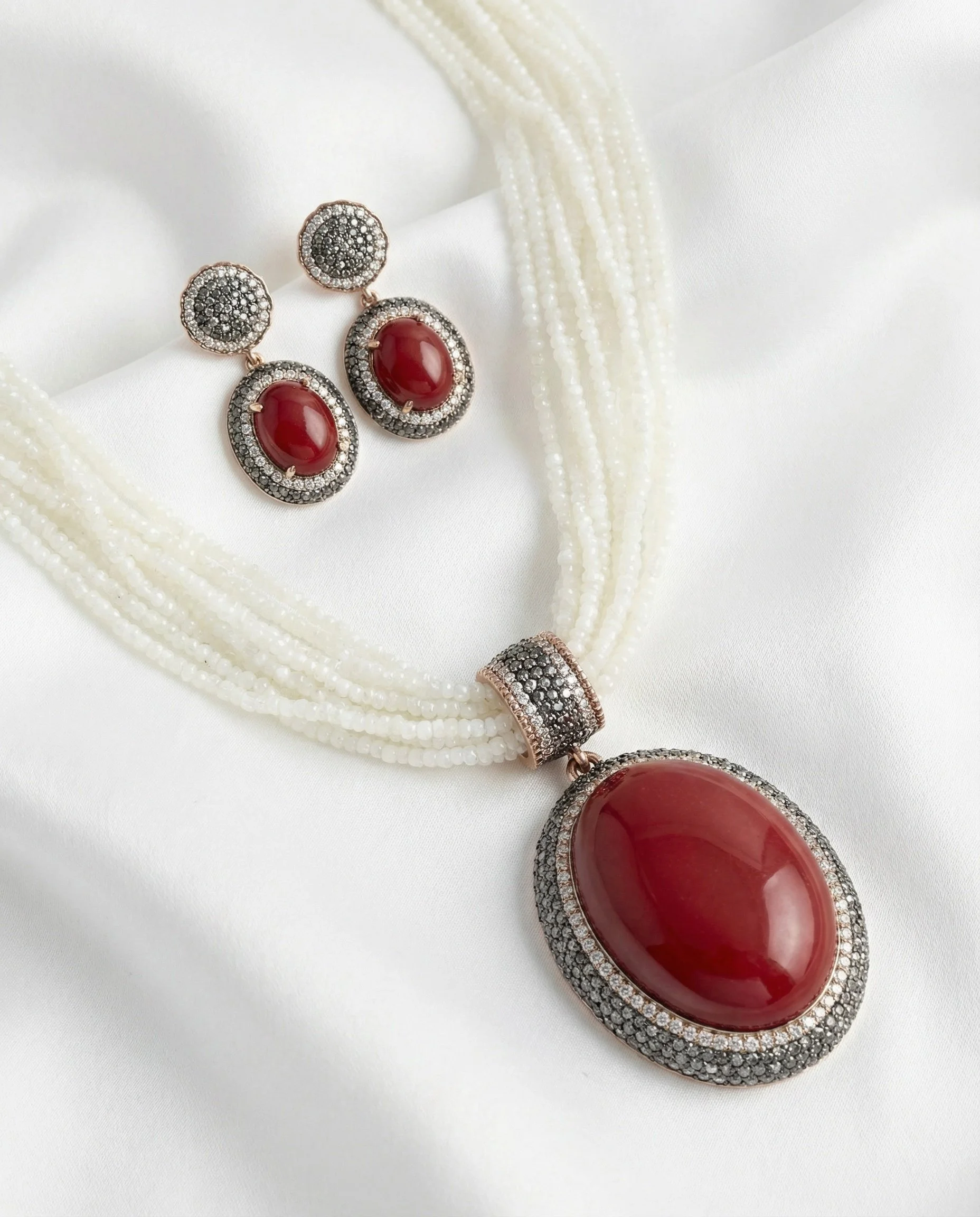 Large Oval Red Agate Cabochon Pendant Necklace with Micro Pavé Swarovski Crystals