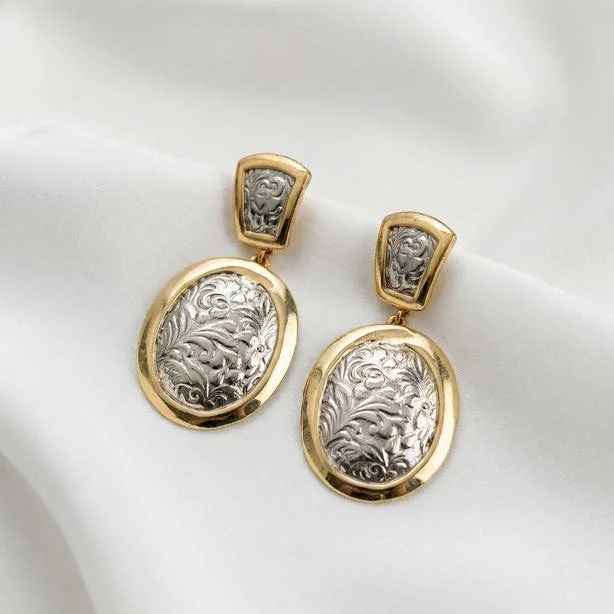 14K Gold and Silver Floral Relief Earrings