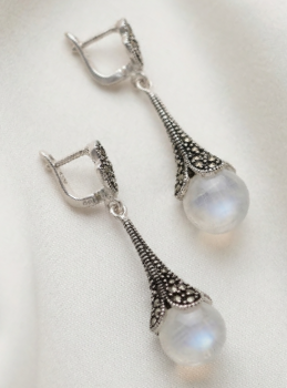 Moonstone & Marcasite Vintage Drop Earrings