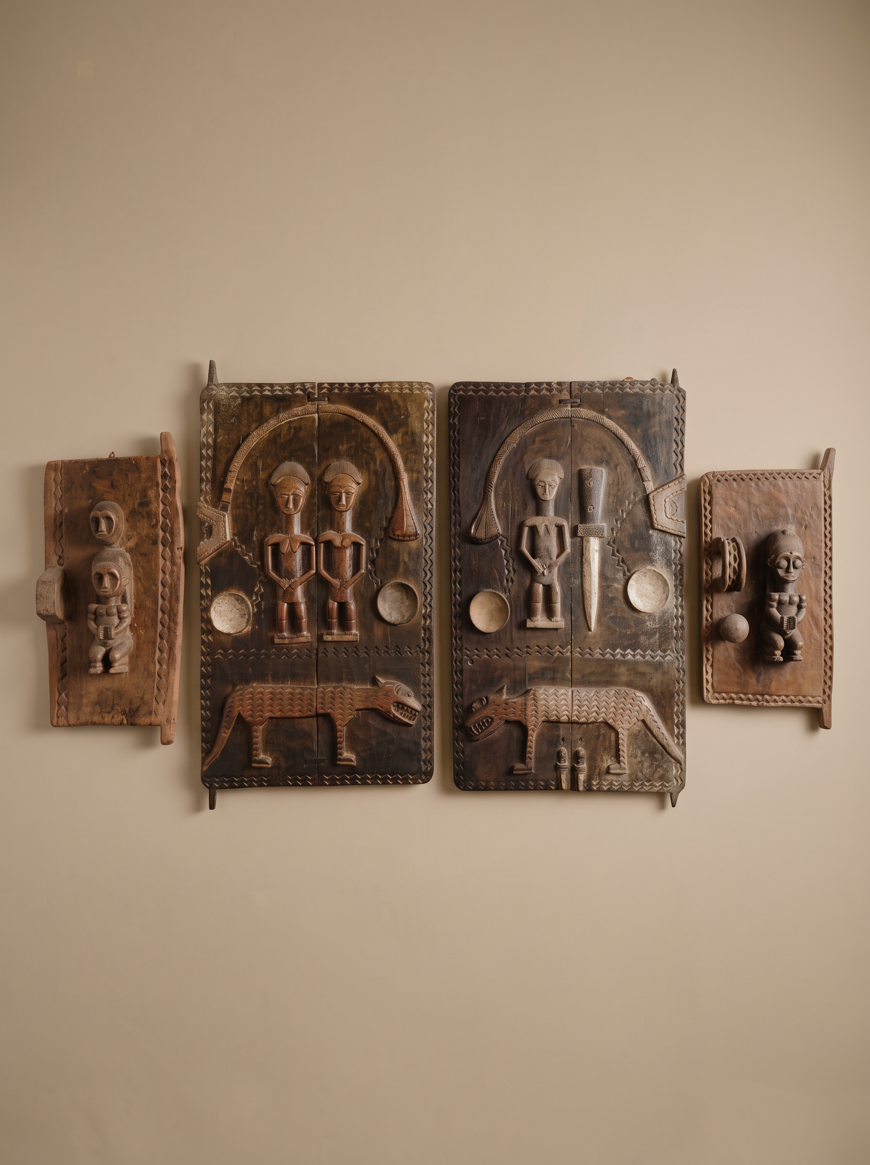 African Carved Wood Relief Panel Set