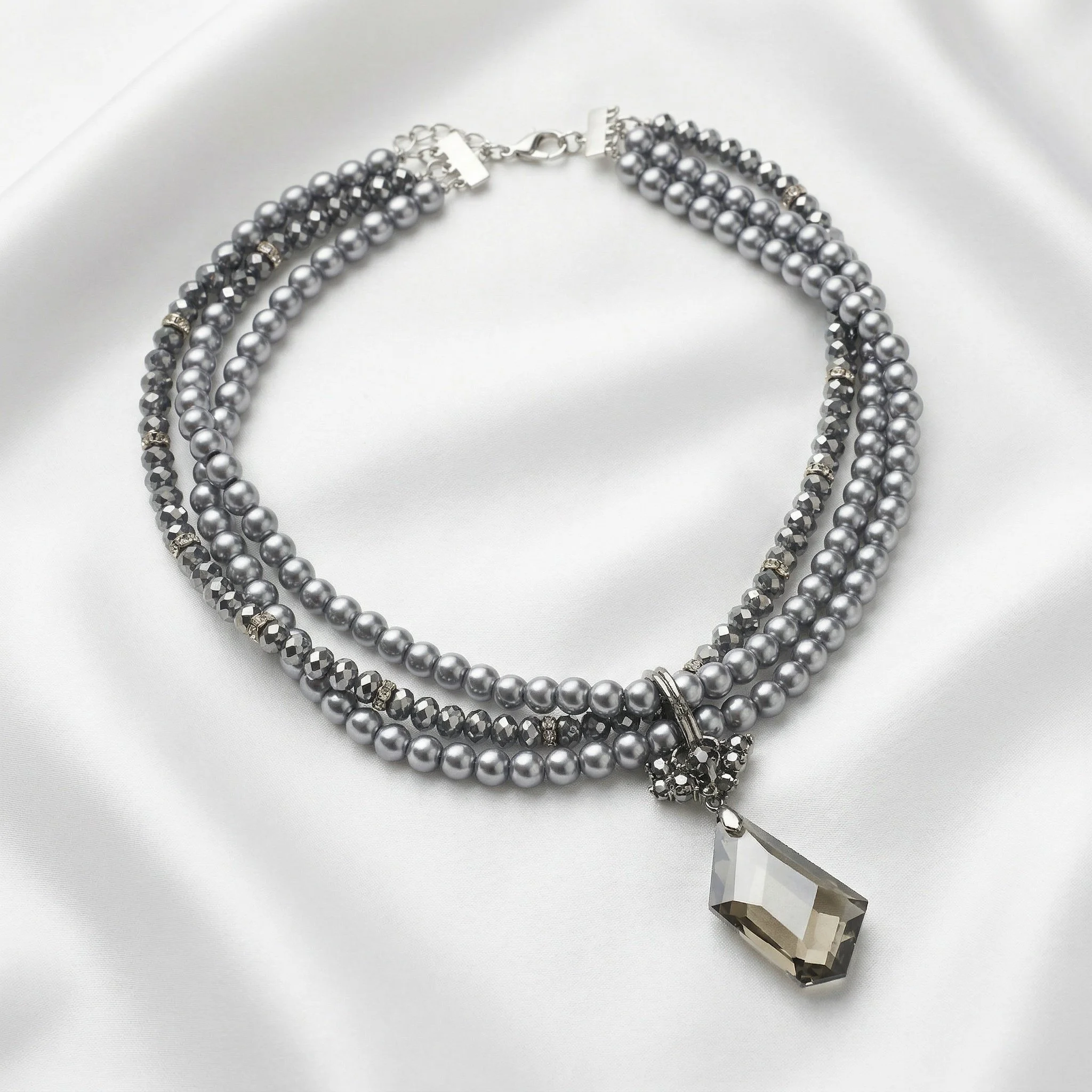 Triple Gray Strand Necklace with Crystal Pendant