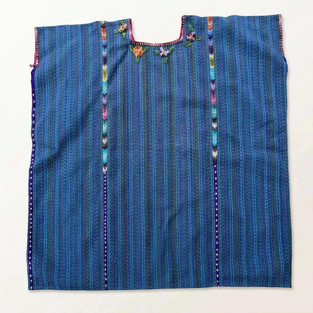 Handwoven Deep Blue Huipil with Floral Details