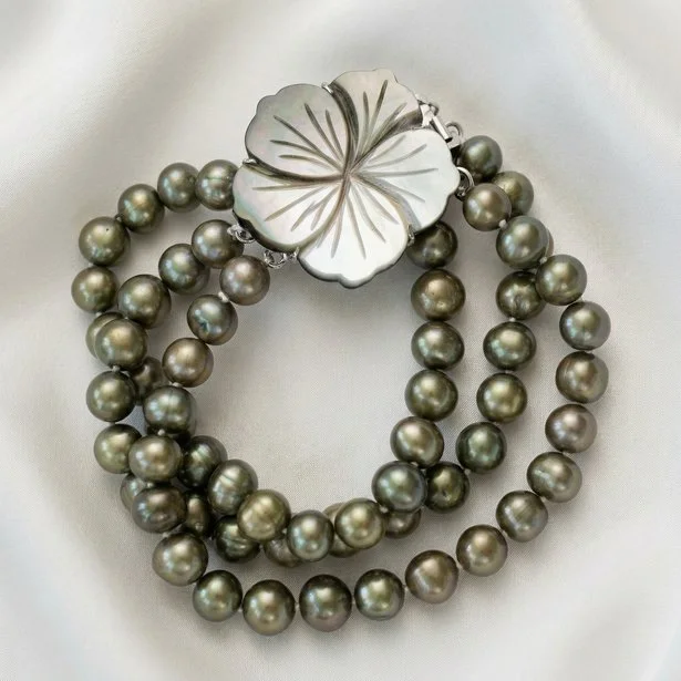 Triple Tahitian Pearl Bracelet with Mother-of- Pearl Flower Clasp