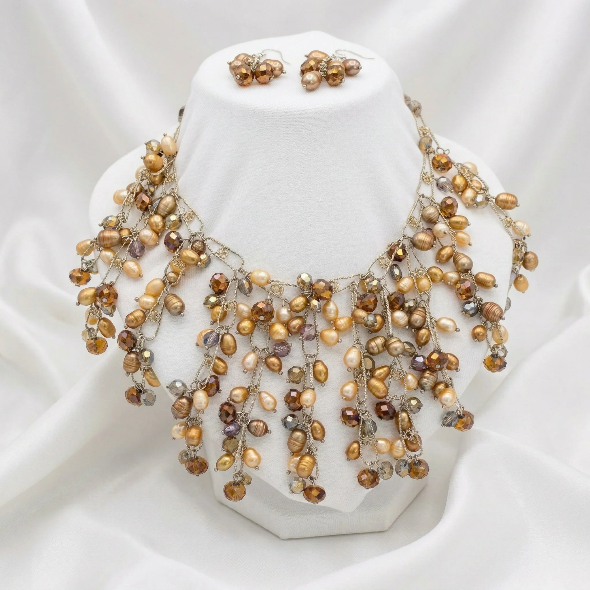 Pearl & Crystal Cascade Necklace and earrings in Honey Tones