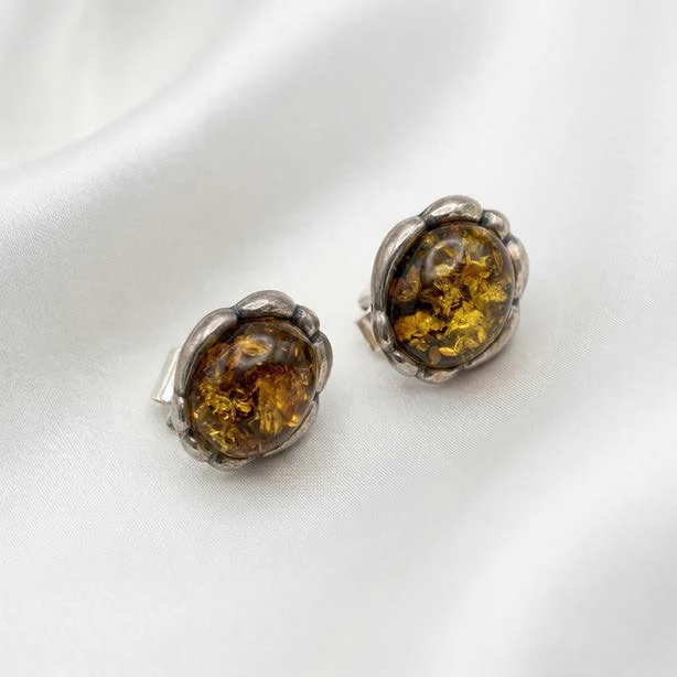 Amber Stud Earrings in Silver
