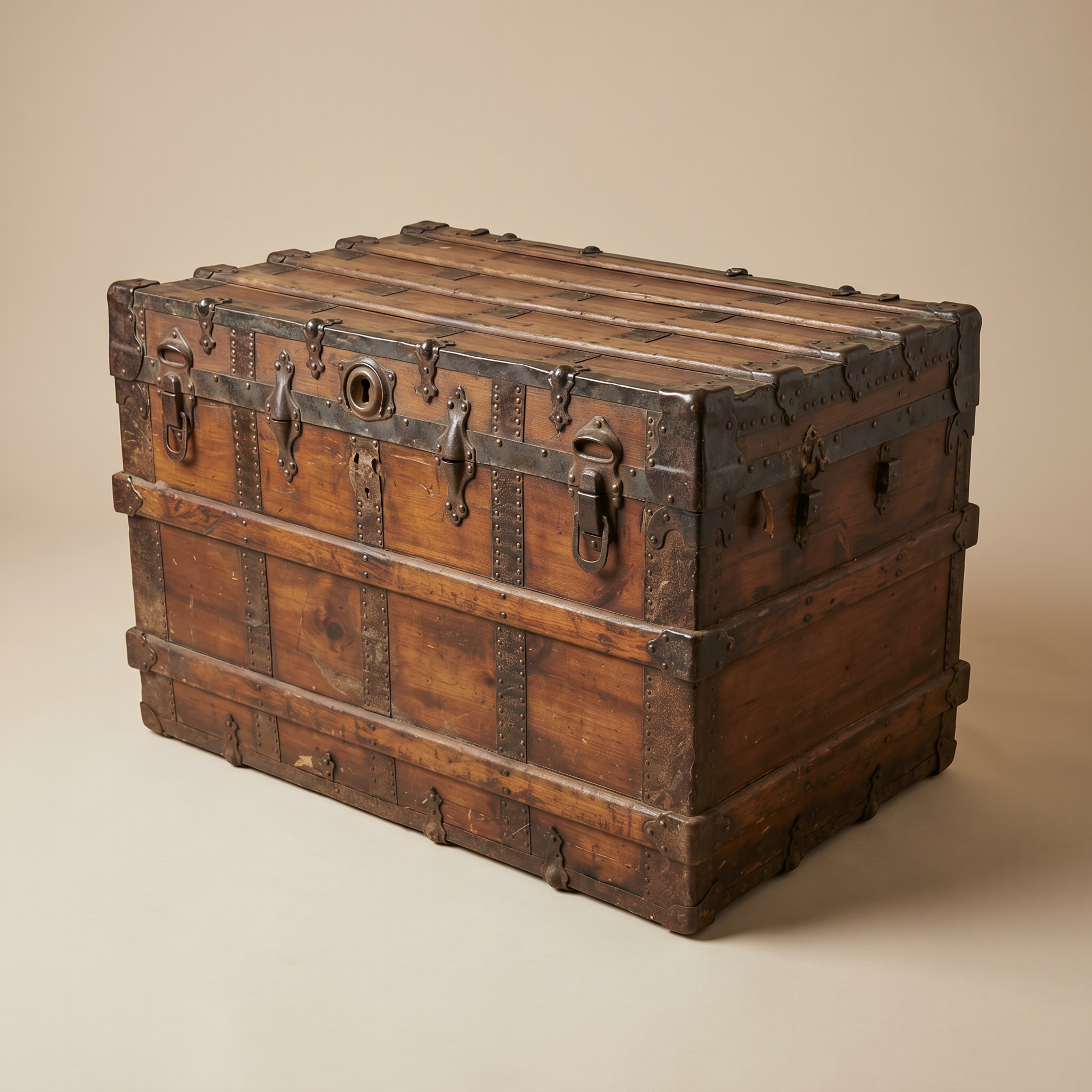 ANTIQUE-STYLE WOODEN STEAMER TRUNK WITH IRON HARDWARE