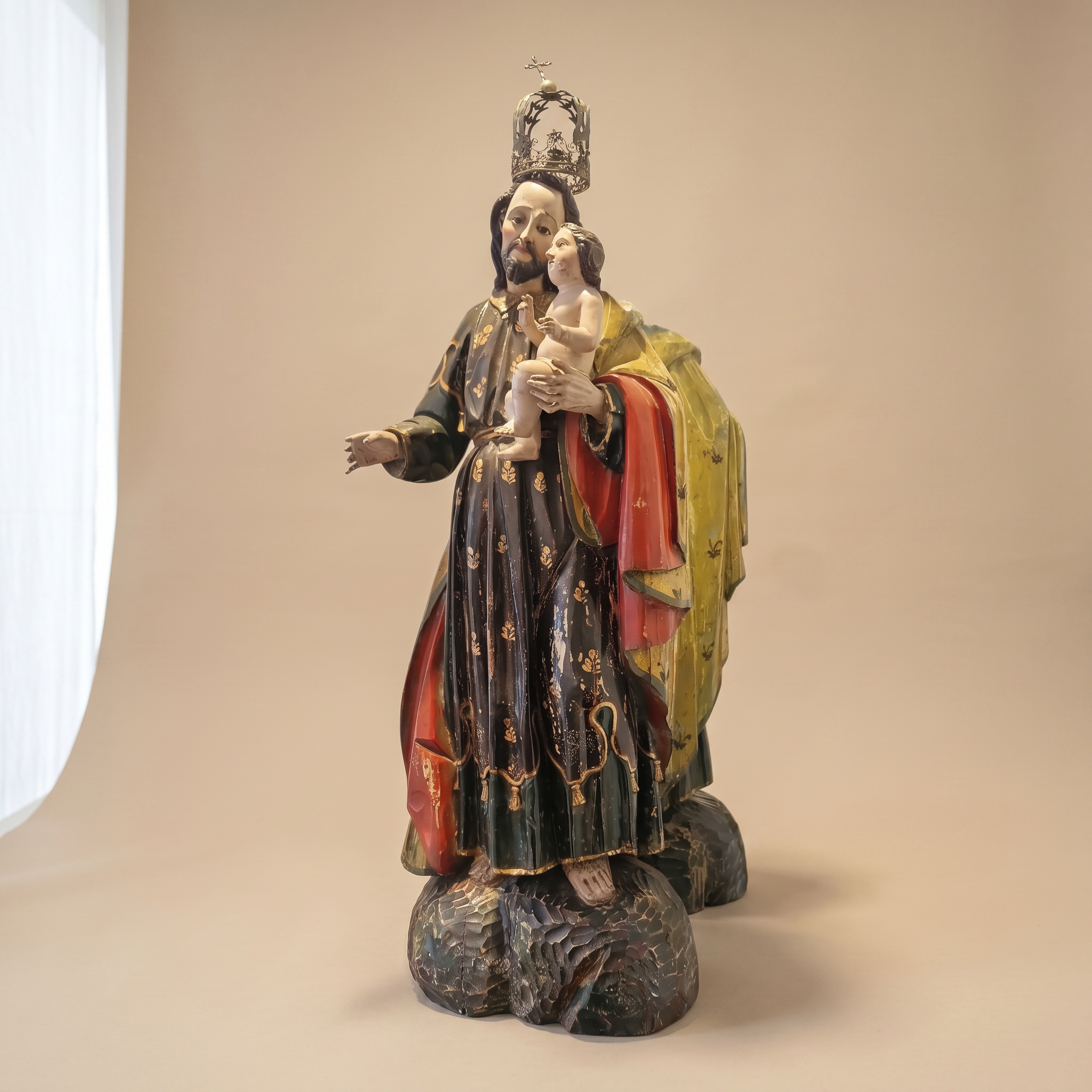 Antique St. Joseph and Child Jesus Statue – Polychrome Wood Carving with Metal Crown