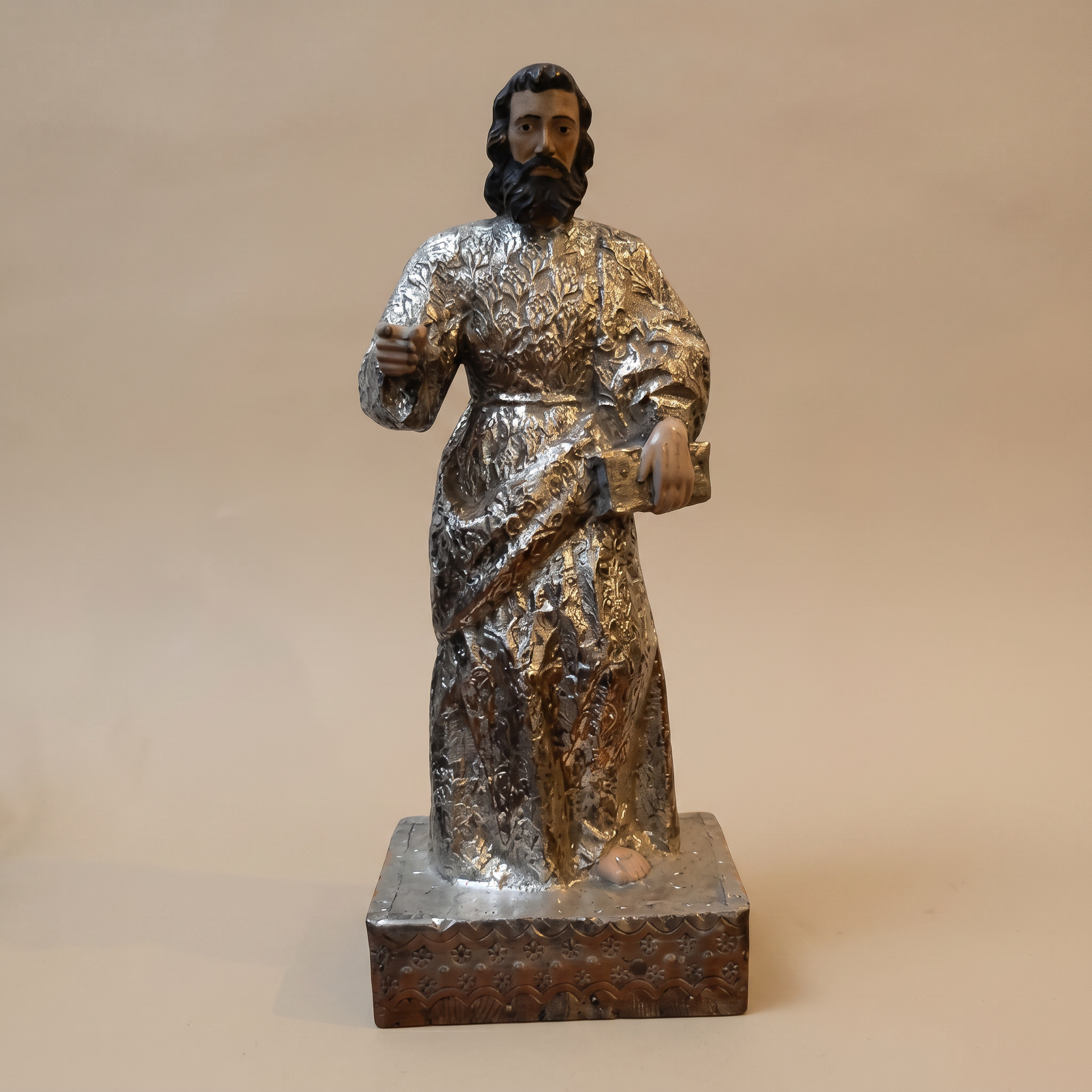 Antique Saint James Apostle Statue – Wood Carving with Repoussé Silver-Tone Overlay
