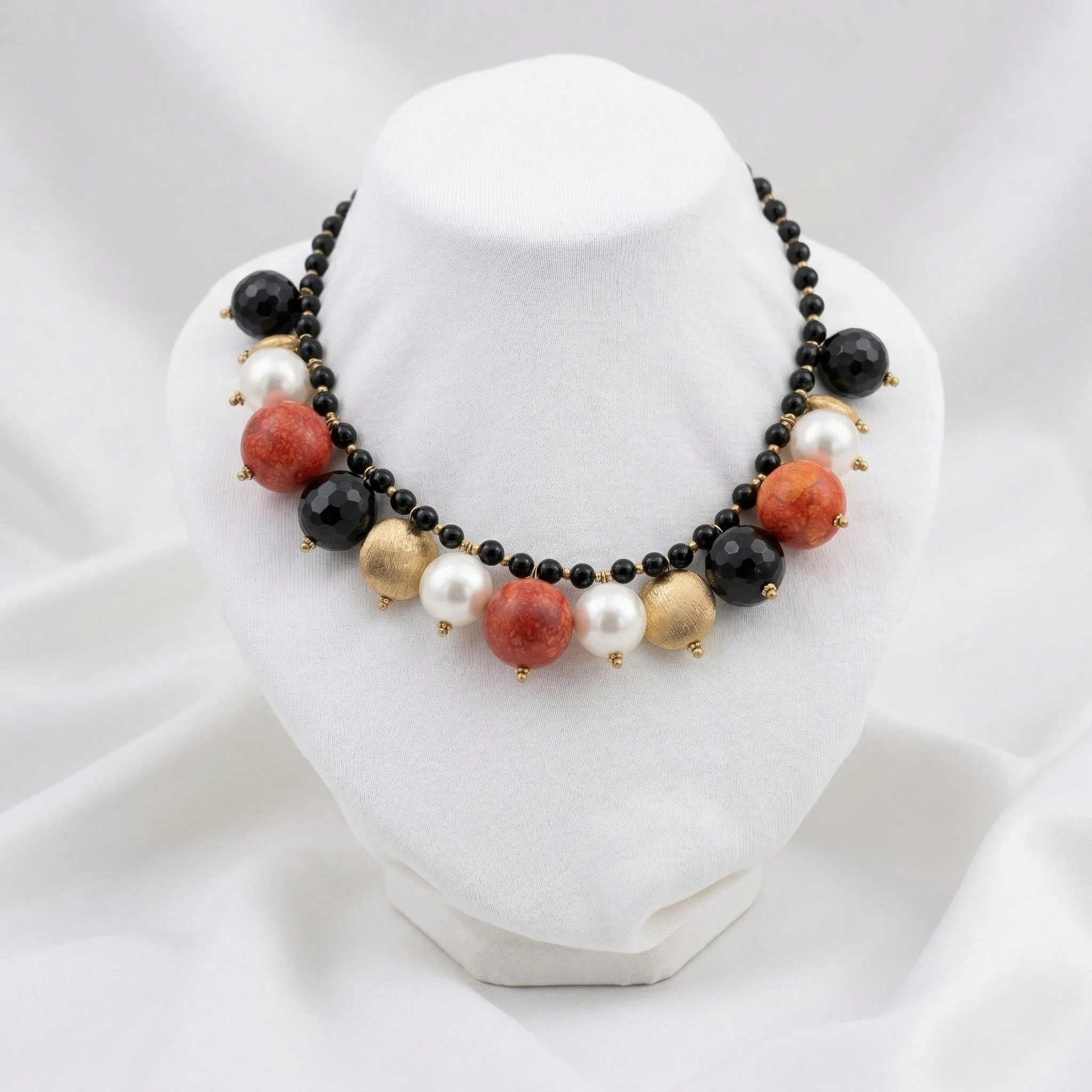 Necklace In Black, Orange And Gold, With Pearl Accents