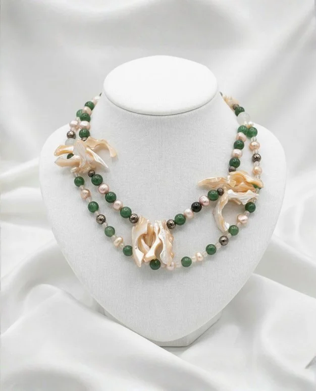 Pearl, Green Stone & Natural Shell Necklace