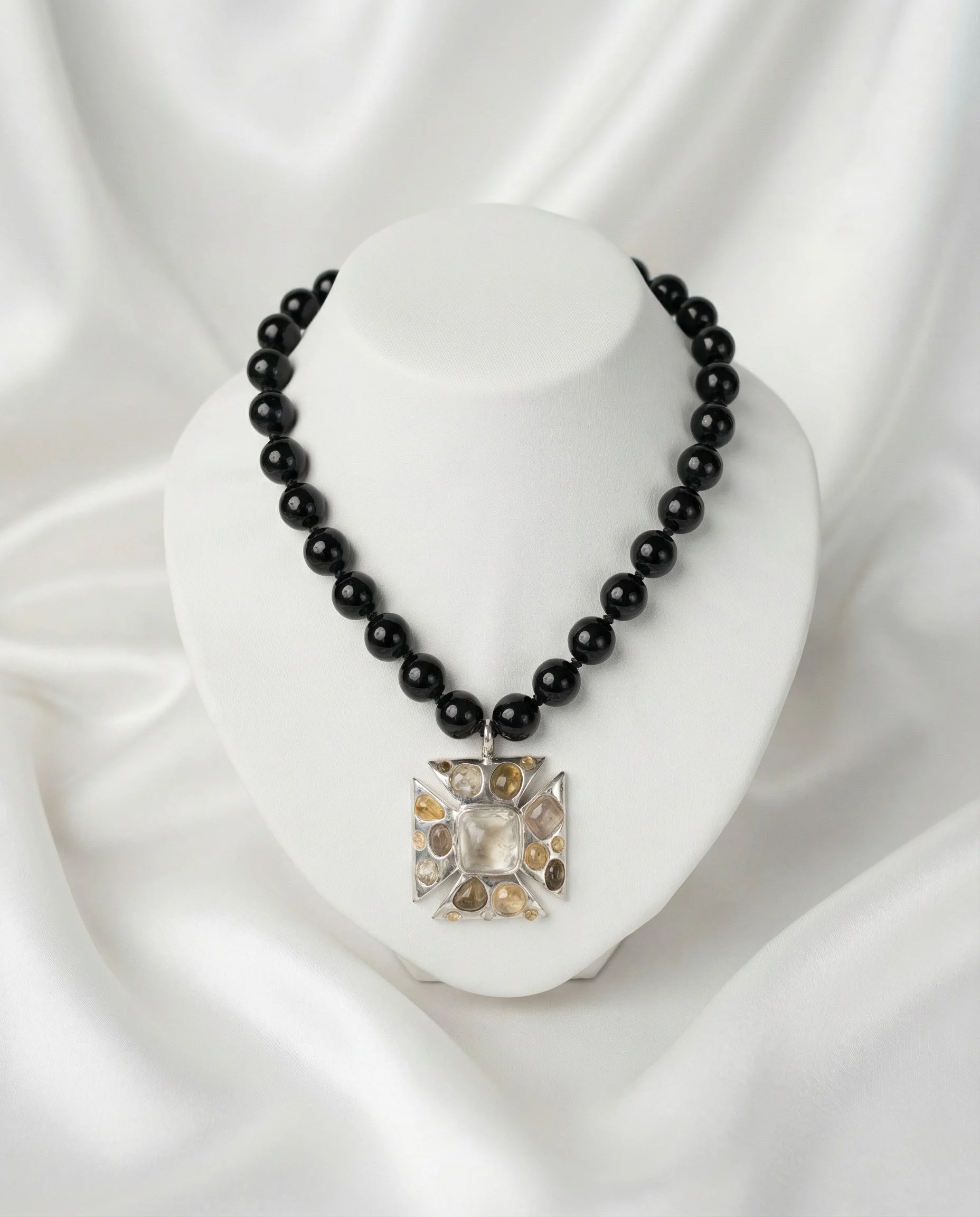 Black Agate with Large Silver Cross with Smoky Quartz and Citrine