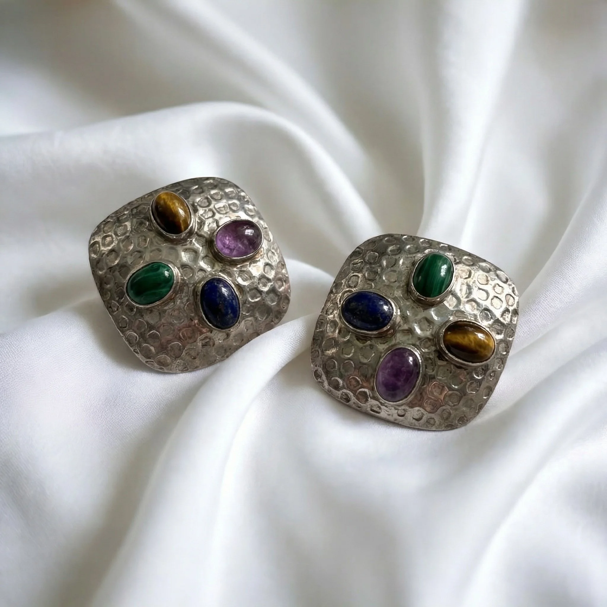 Textured Silver Multi Gemstone Earrings
