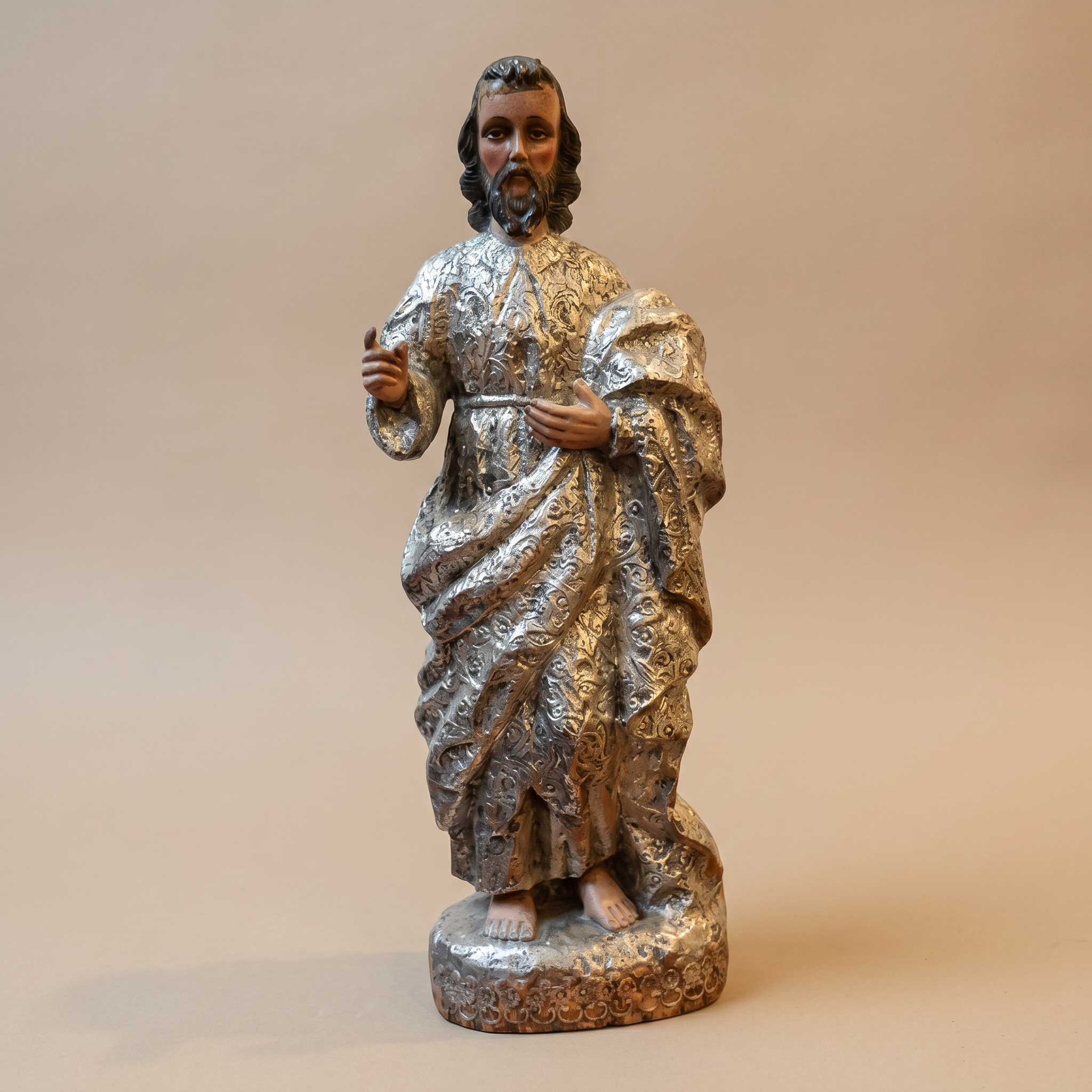 Antique Apostle Saint Statue – Hand-Carved Wood with Ornate Repoussé Metal Cladding