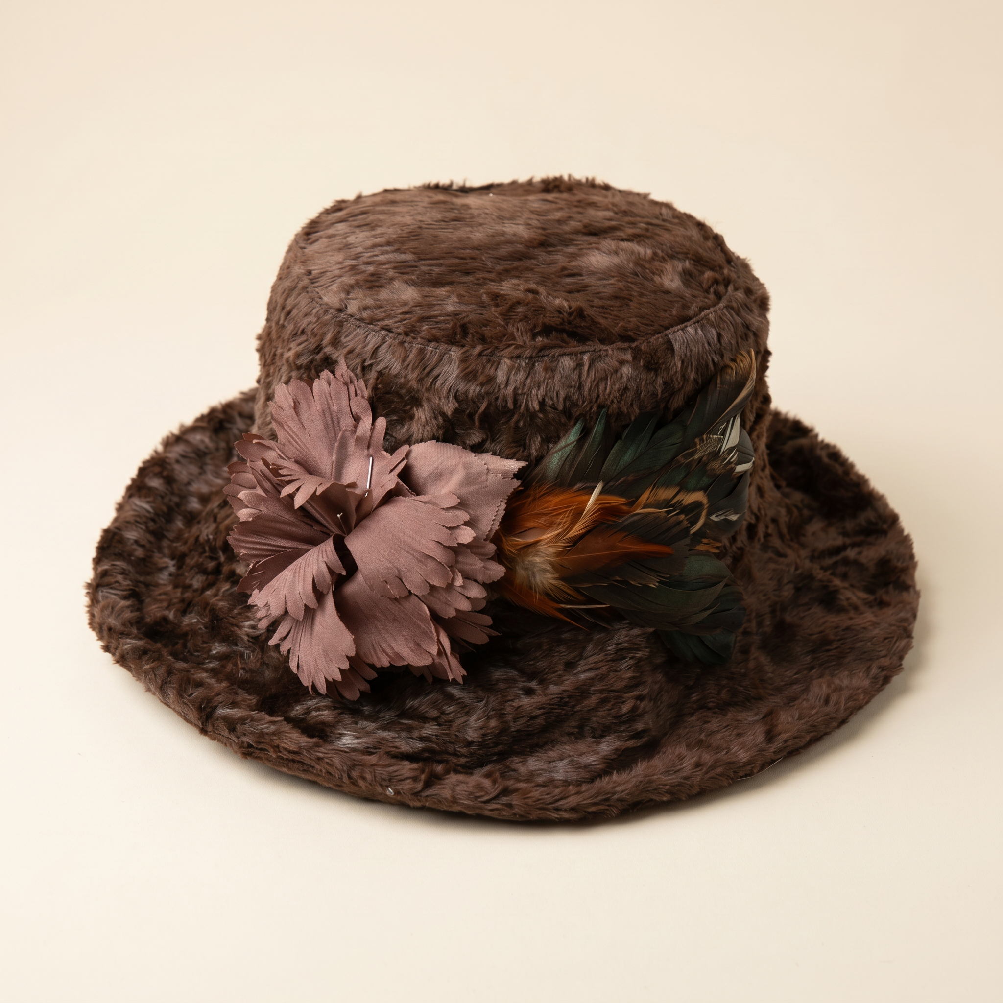Brown Felt Feather Cloche Hat