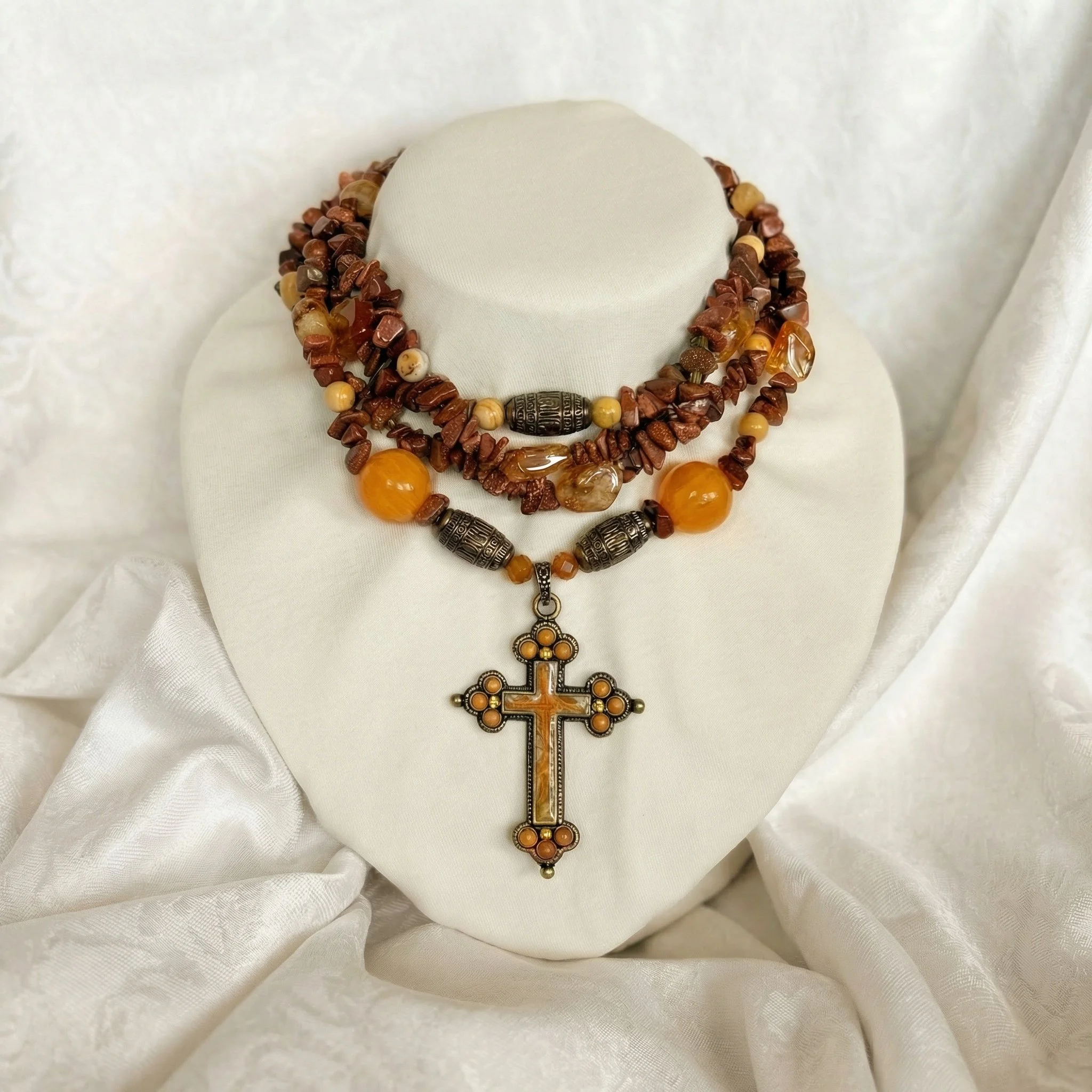 Multi-Strand Jasper and Amber- Tone Cross Statement Necklace
