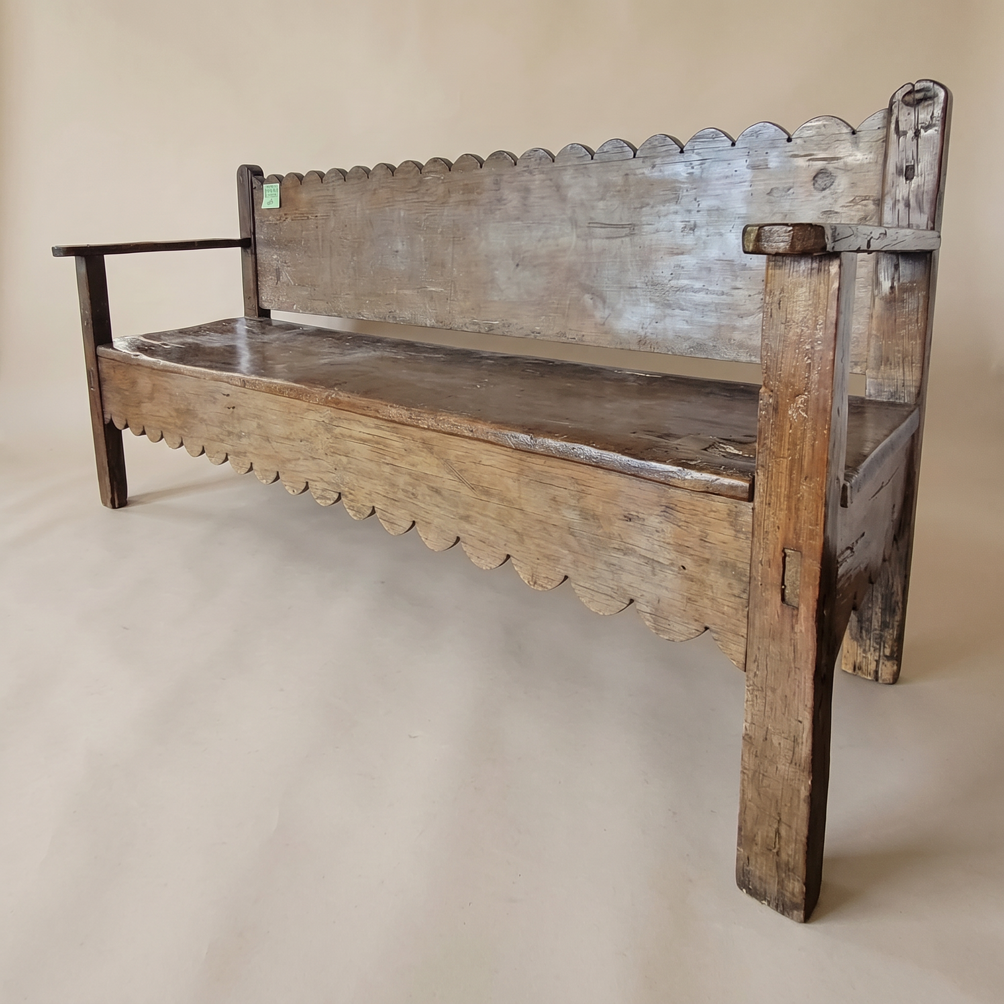 LONG WOODEN BENCH WITH SCALLOPED APRON AND BACK