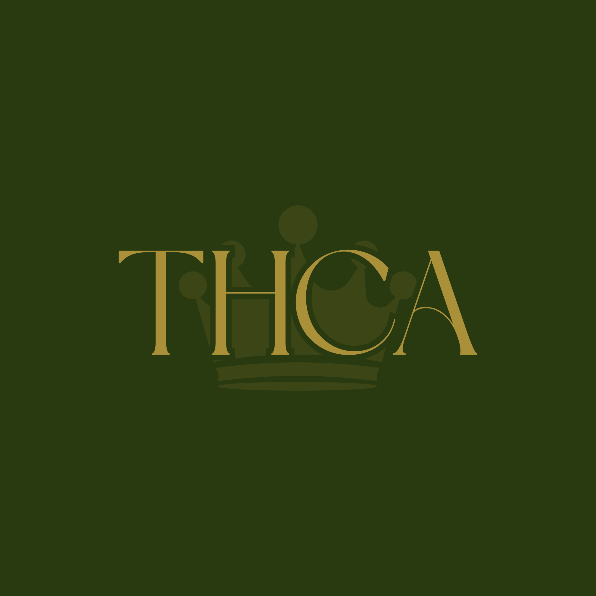 Dark green background with the word "THICA" in gold with a faint crown beneath the text.