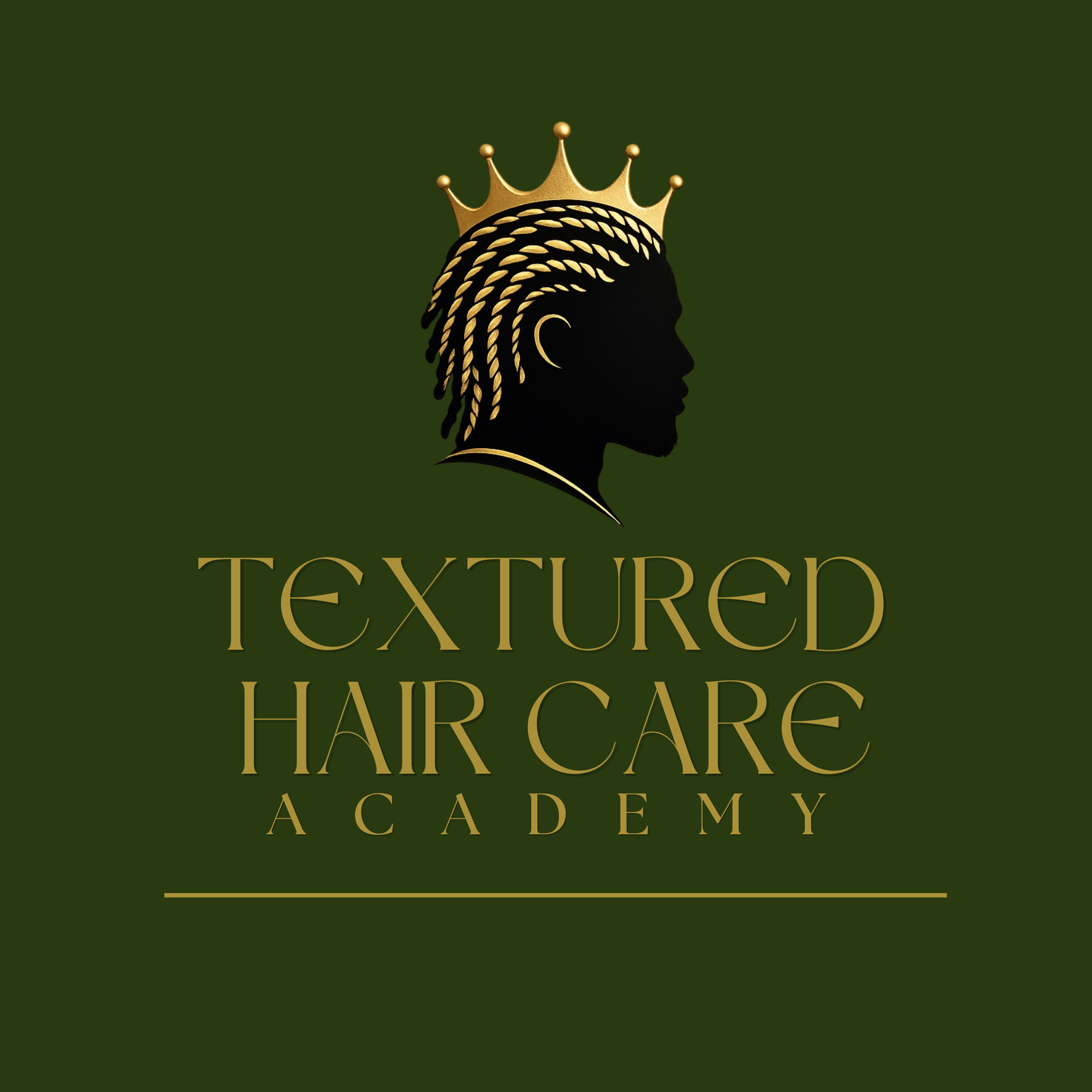 Logo for Textured Hair Care Academy featuring a silhouette of a person with textured hair wearing a crown, on a dark green background.