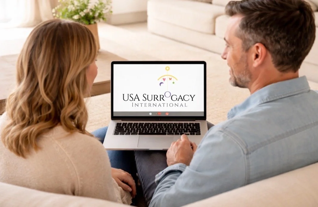Two people sitting on a beige sofa, looking at a laptop on their laps. The laptop screen displays the logo and name 'USA SURROGACY INTERNATIONAL'. The setting appears to be a living room with a neutral color scheme and a potted plant in the background.