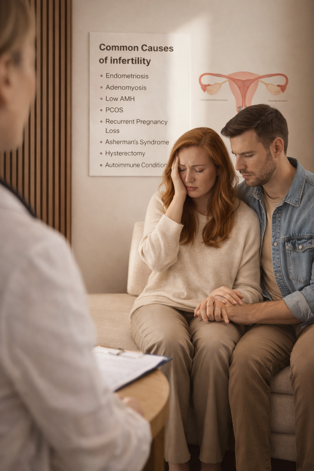 A woman with red hair appears distressed during a medical consultation, sitting on a couch with a man, holding her head. A doctor in white coat is taking notes, with a poster listing causes of infertility in the background.