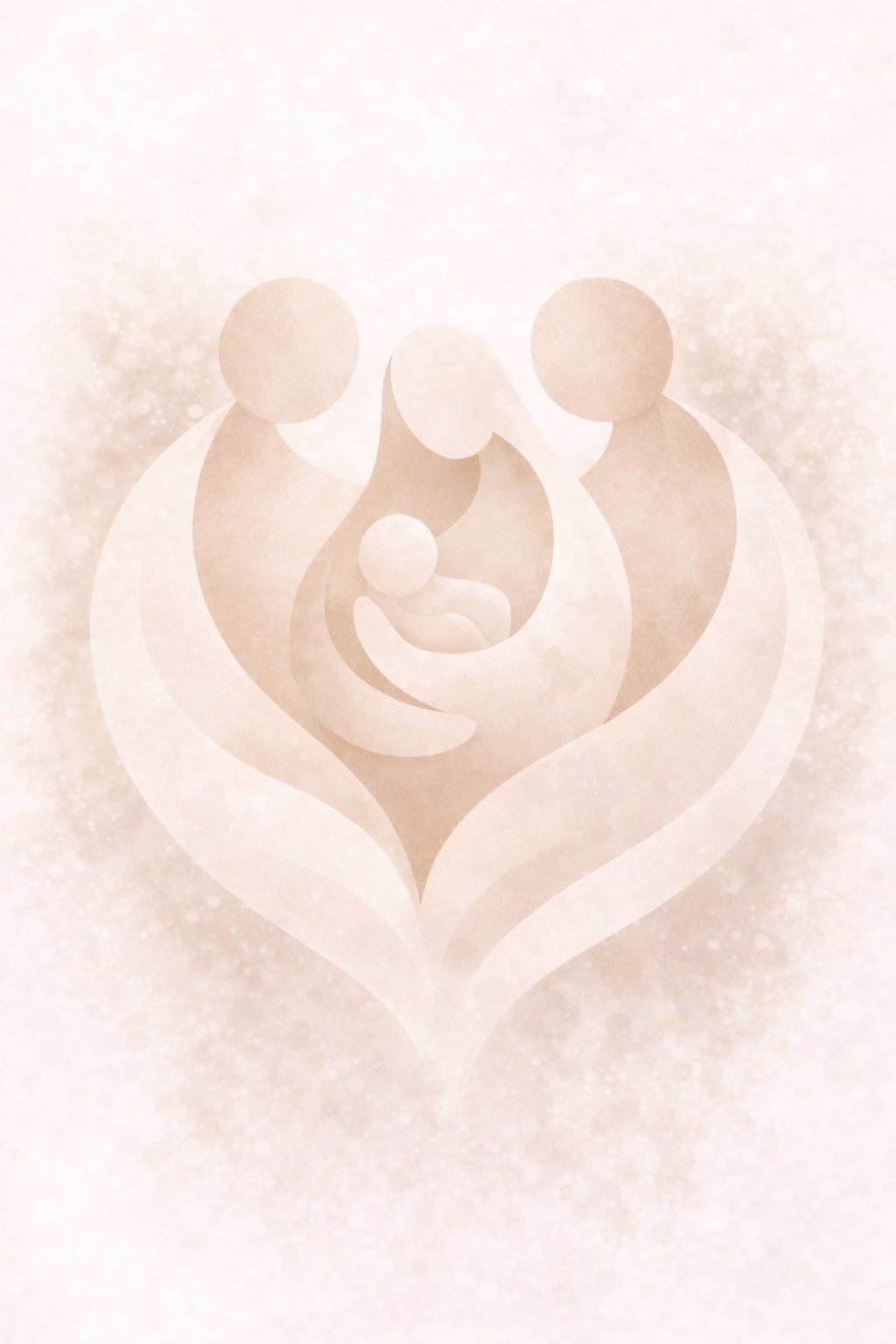 Abstract illustration of a mother holding a baby with two adults on either side, symbolizing family and caring.