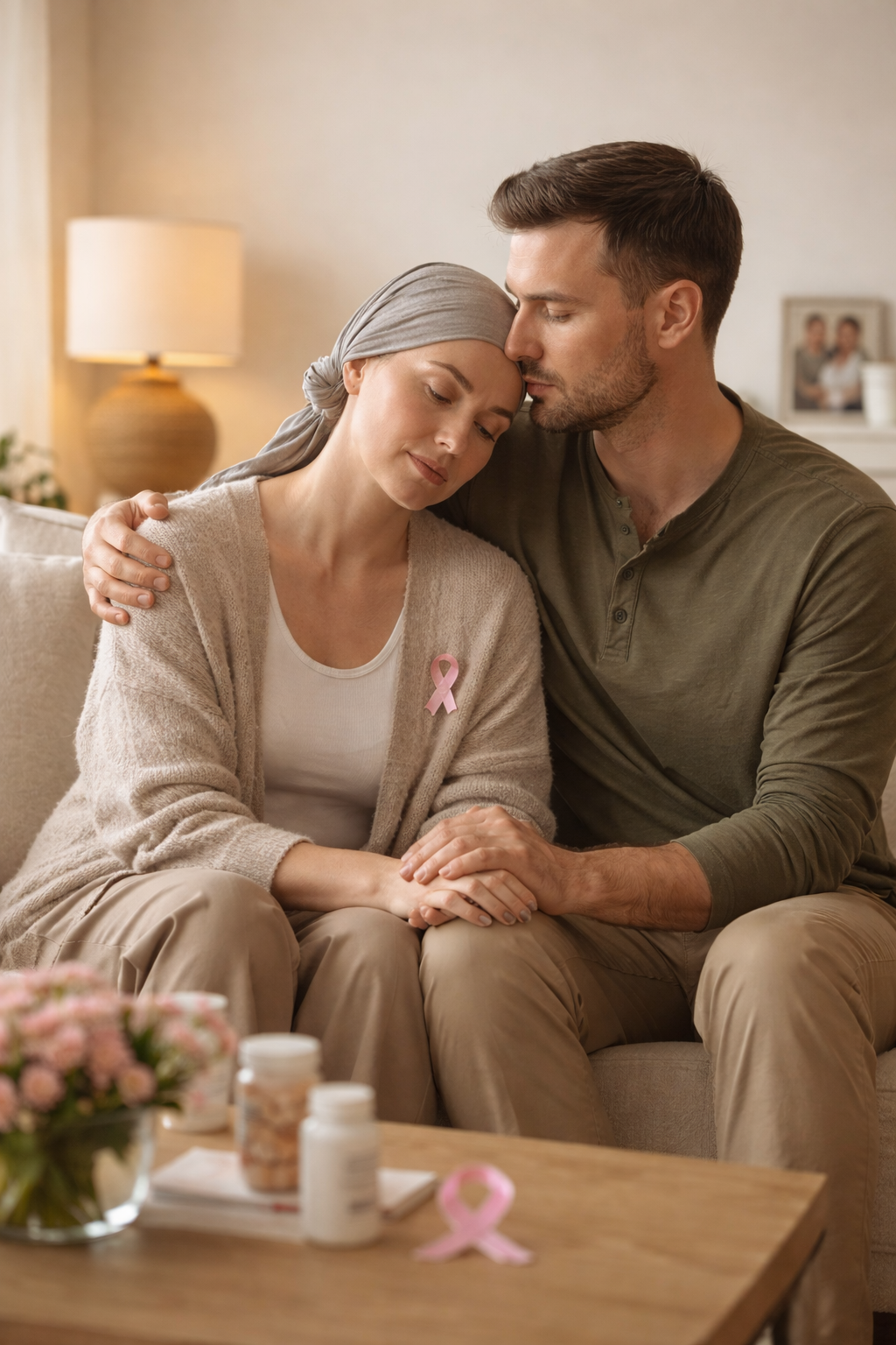A woman with a headscarf and a pink ribbon pin, sitting on a couch with a man, holding hands with him, showing support for breast cancer awareness; they look somber and comforting each other.