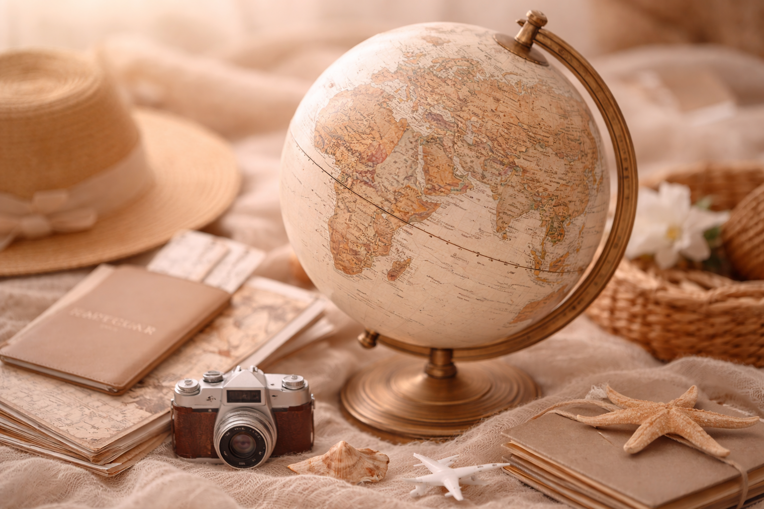 A vintage globe, a straw hat with a ribbon, a camera, a small starfish, travel journals, and seashells arranged on a soft fabric surface.