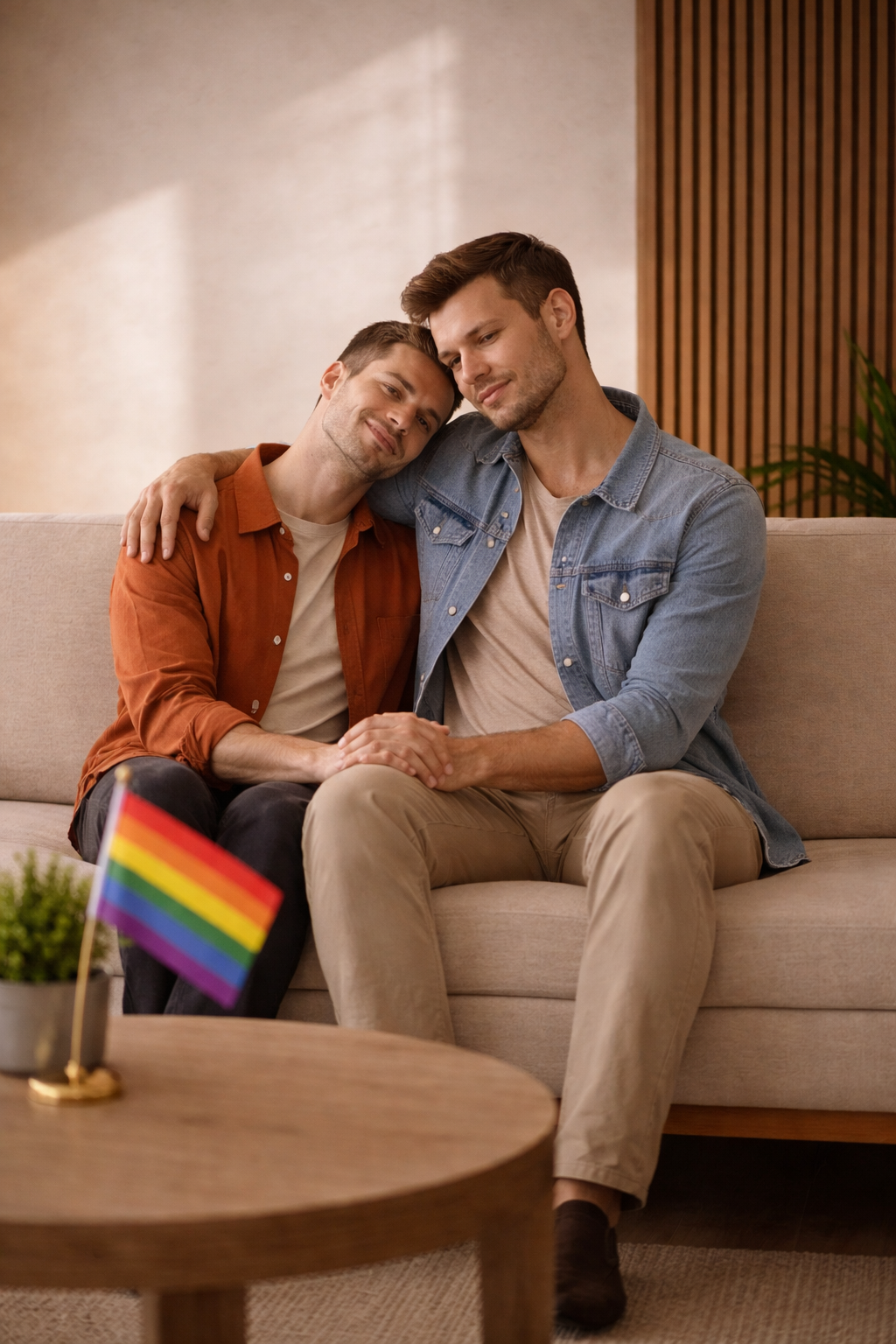 Two men sit close on a beige couch, holding hands and leaning their heads together in an affectionate moment. One man wears a burnt orange shirt, and the other wears a denim jacket and beige pants. A small rainbow pride flag is on a table in front of them.
