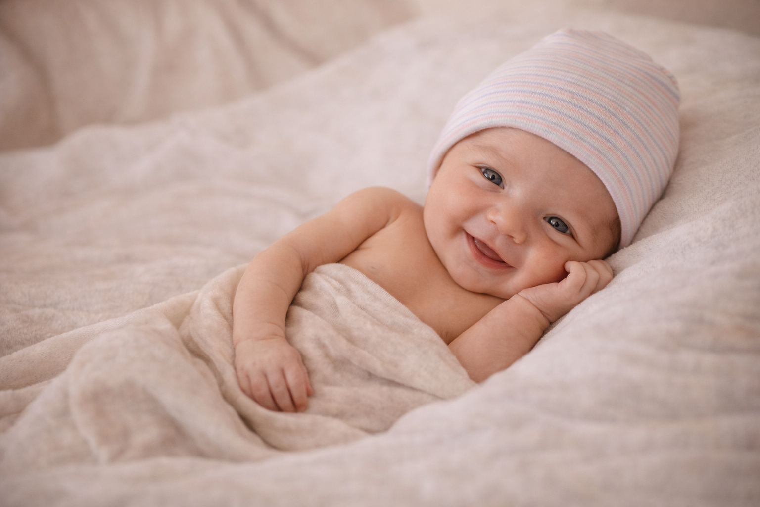 Smiling baby lying on a soft blanket, wearing a pink and white striped hat.