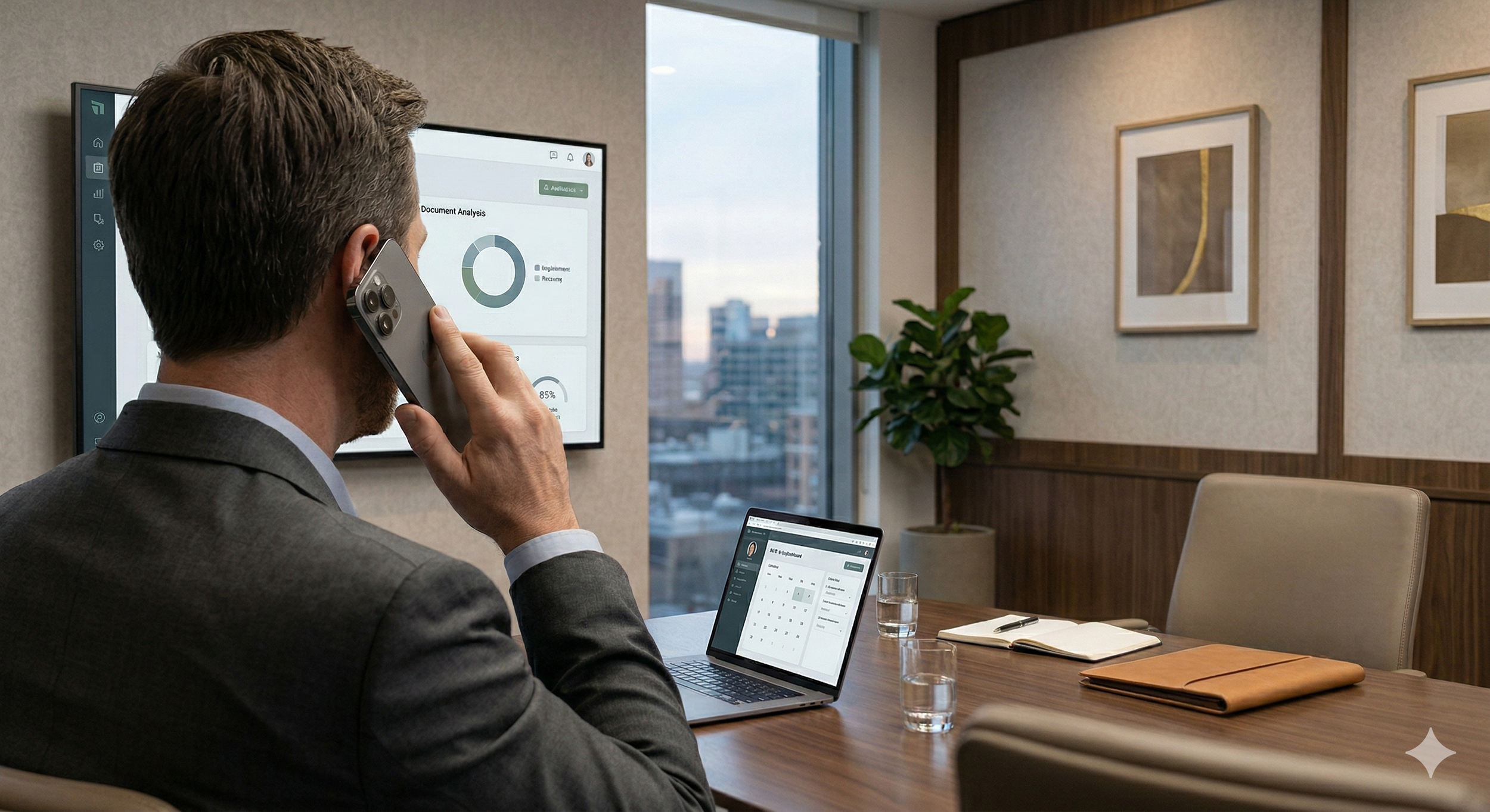 A man in a business suit sitting at a conference table, speaking on a smartphone, with a laptop and open notebook in front of him, in an office with large window showing city buildings, a plant, and framed artwork on the wall.