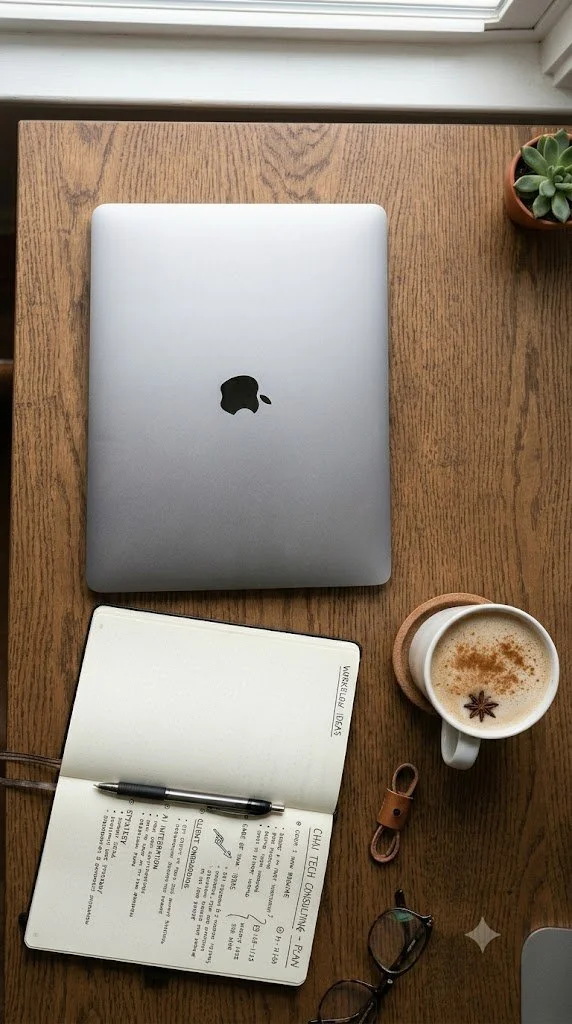 A closed silver MacBook on a wooden desk next to a notebook with a pen, a cup of coffee with a star anise on top, a small potted succulent plant, and a pair of glasses.