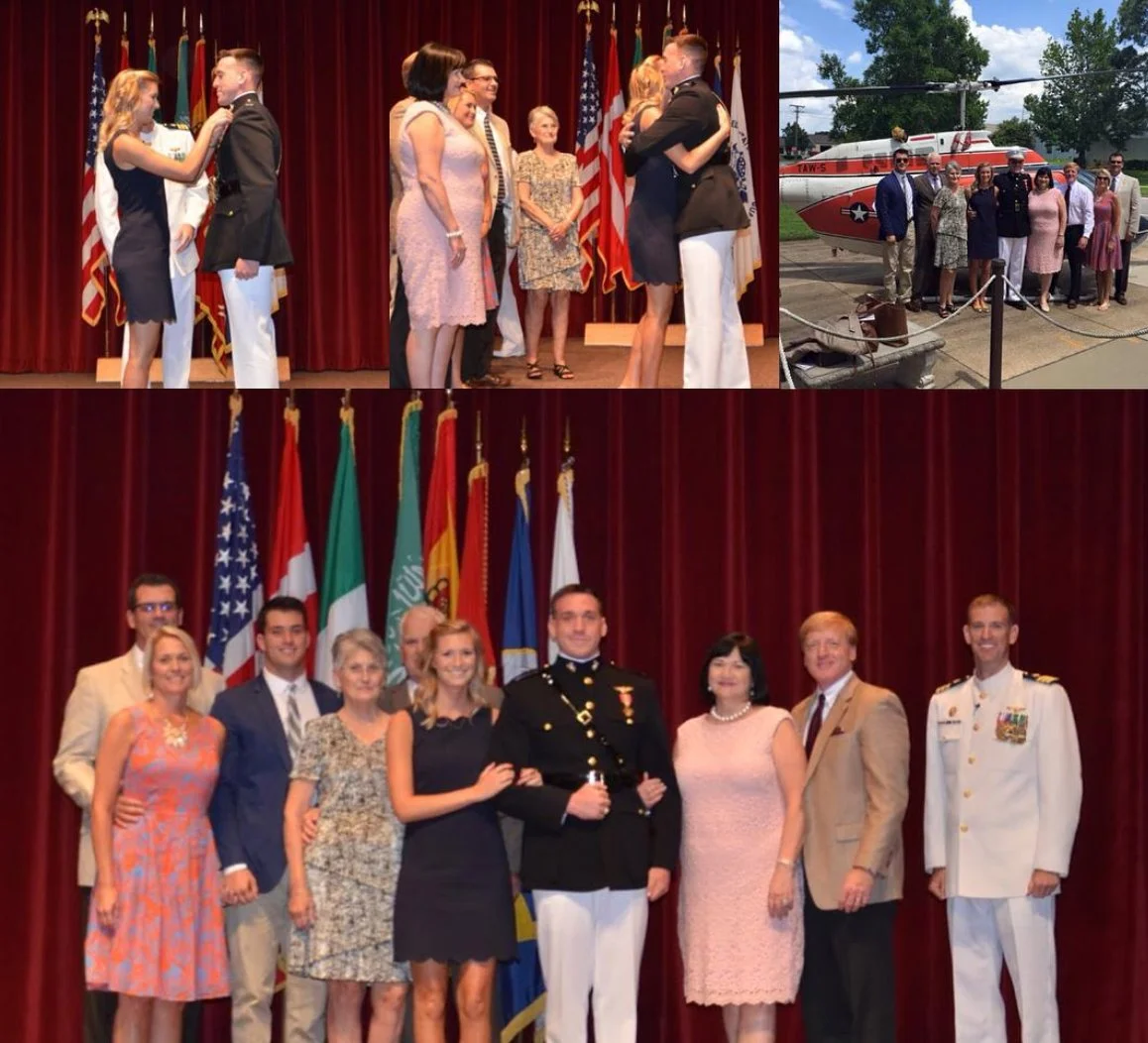 Top left: Young man in a military uniform and a young woman in a black dress holding each other on stage with red curtains and flags in the background. Top right: Group of people standing outdoors on tarmac near a red rescue helicopter. Bottom: Group of people, including military personnel in dress uniforms, standing in front of a row of flags and red curtains indoor.