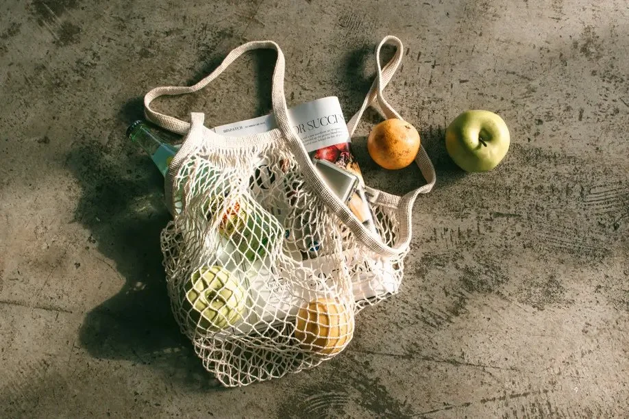 reusable bag filled with groceries and newspaper