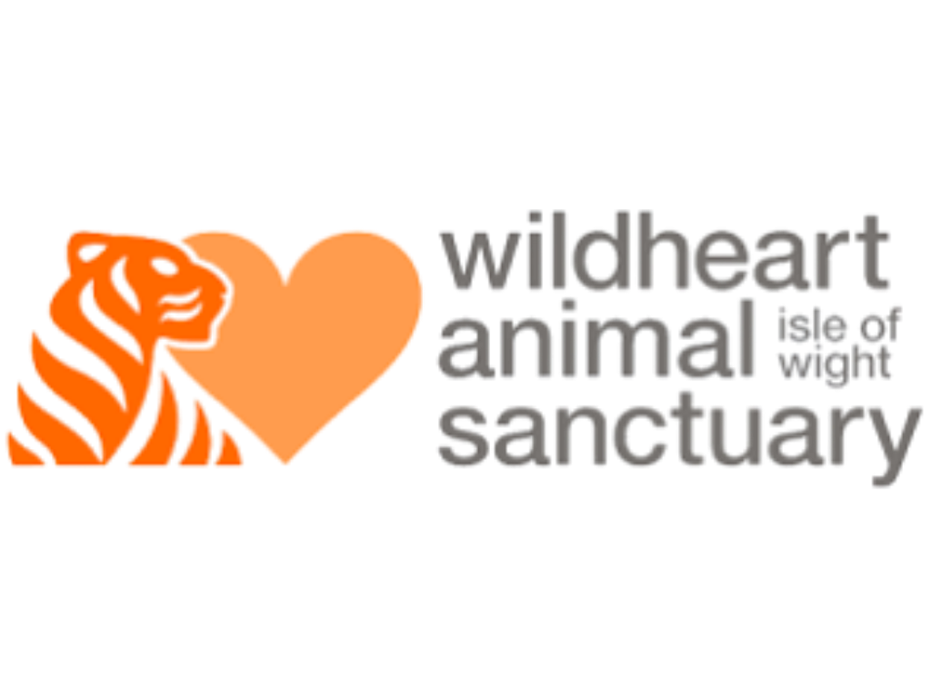 A stylized orange tiger with black stripes next to a pink heart, with the words "wildheart animal sanctuary" in gray text to the right.