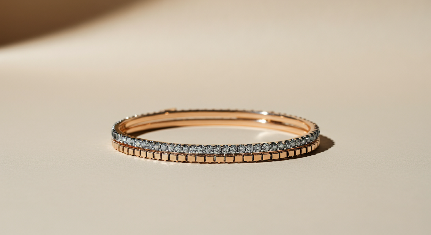 Two gold rings, one with diamonds and a beaded design, are placed on a beige surface with shadows indicating a light source from the right.