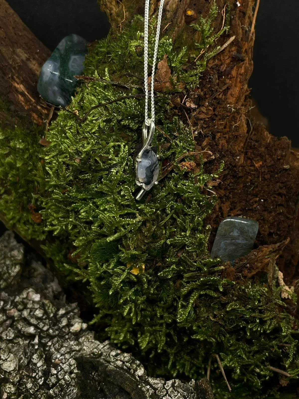 A silver necklace with a black and gray stone pendant hanging from green moss on a tree trunk, surrounded by rocks.