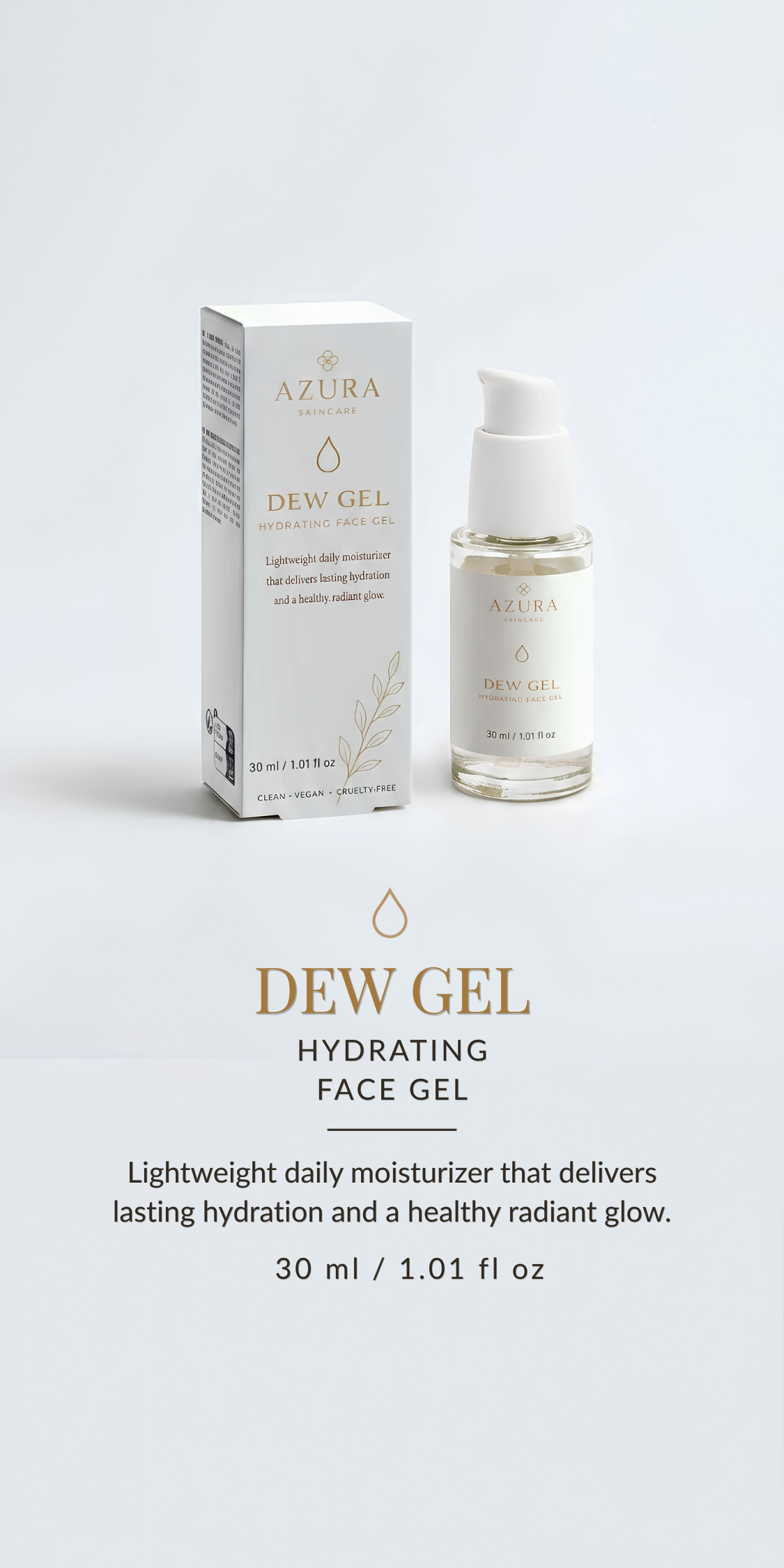 Product image of Azura Dew Gel Hydrating Face Gel, a clear bottle with a white pump, next to its white box packaging on a white background. The box and bottle display the product name and details.