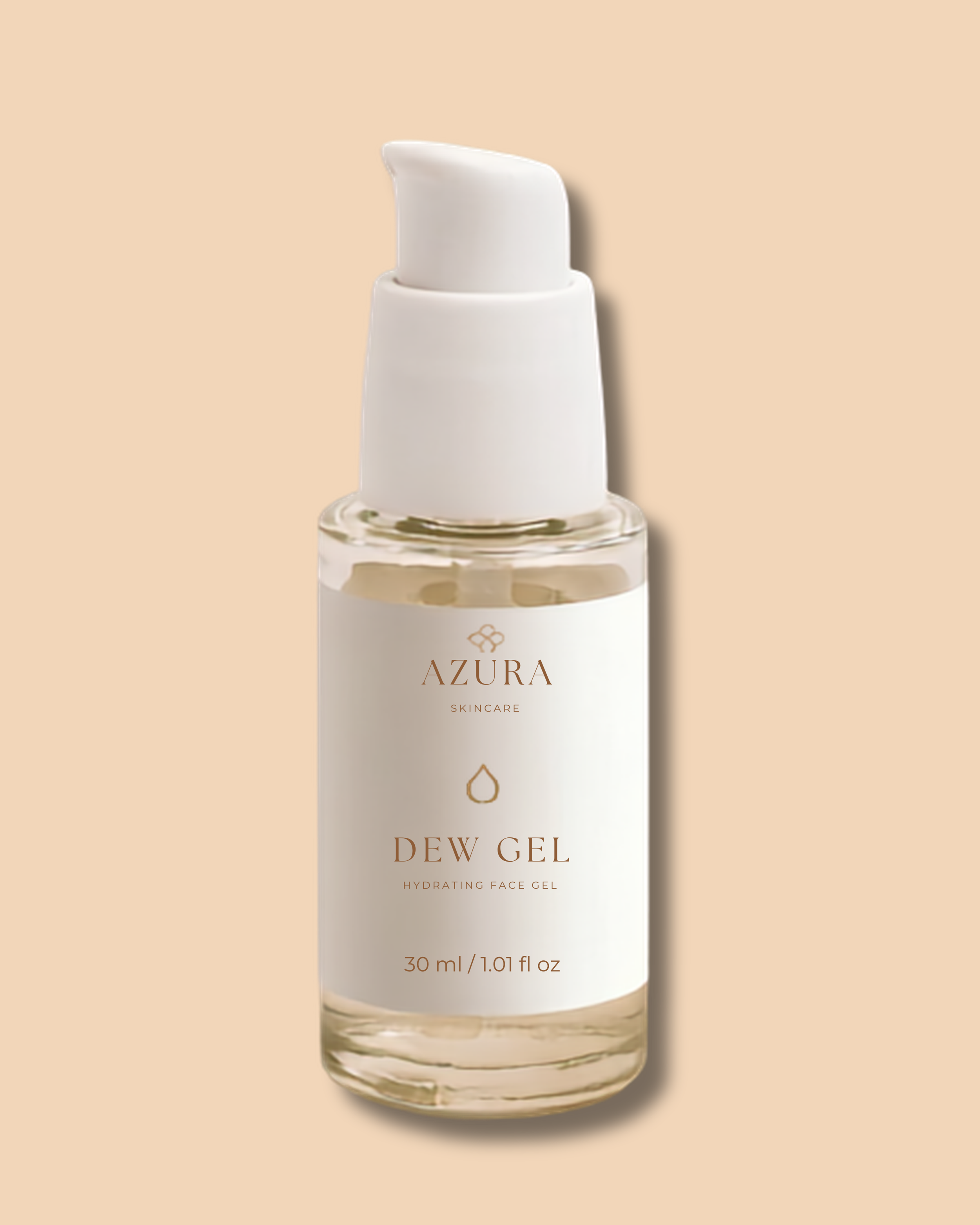 A clear glass bottle with a white pump dispenser containing Azura Skincare Dew Gel, a hydrating face gel, against a beige background.