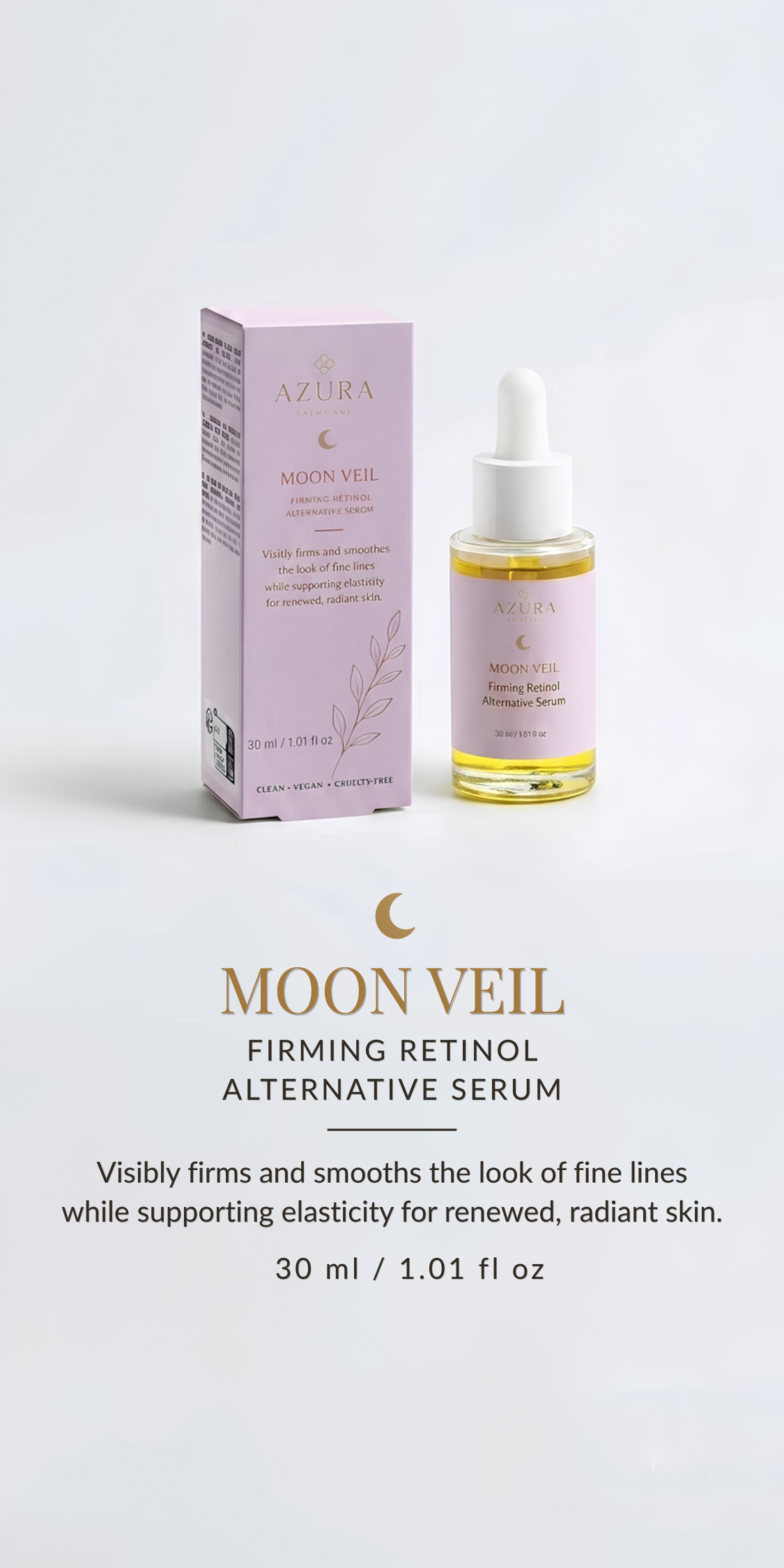 A skincare product named Azura Moon Veil Firming Retinol Alternative Serum, with the product bottle and box displayed against a light background. The bottle has a dropper cap, and the label is pink with gold accents. The packaging indicates it is cruelty-free, vegan, and 30ml.