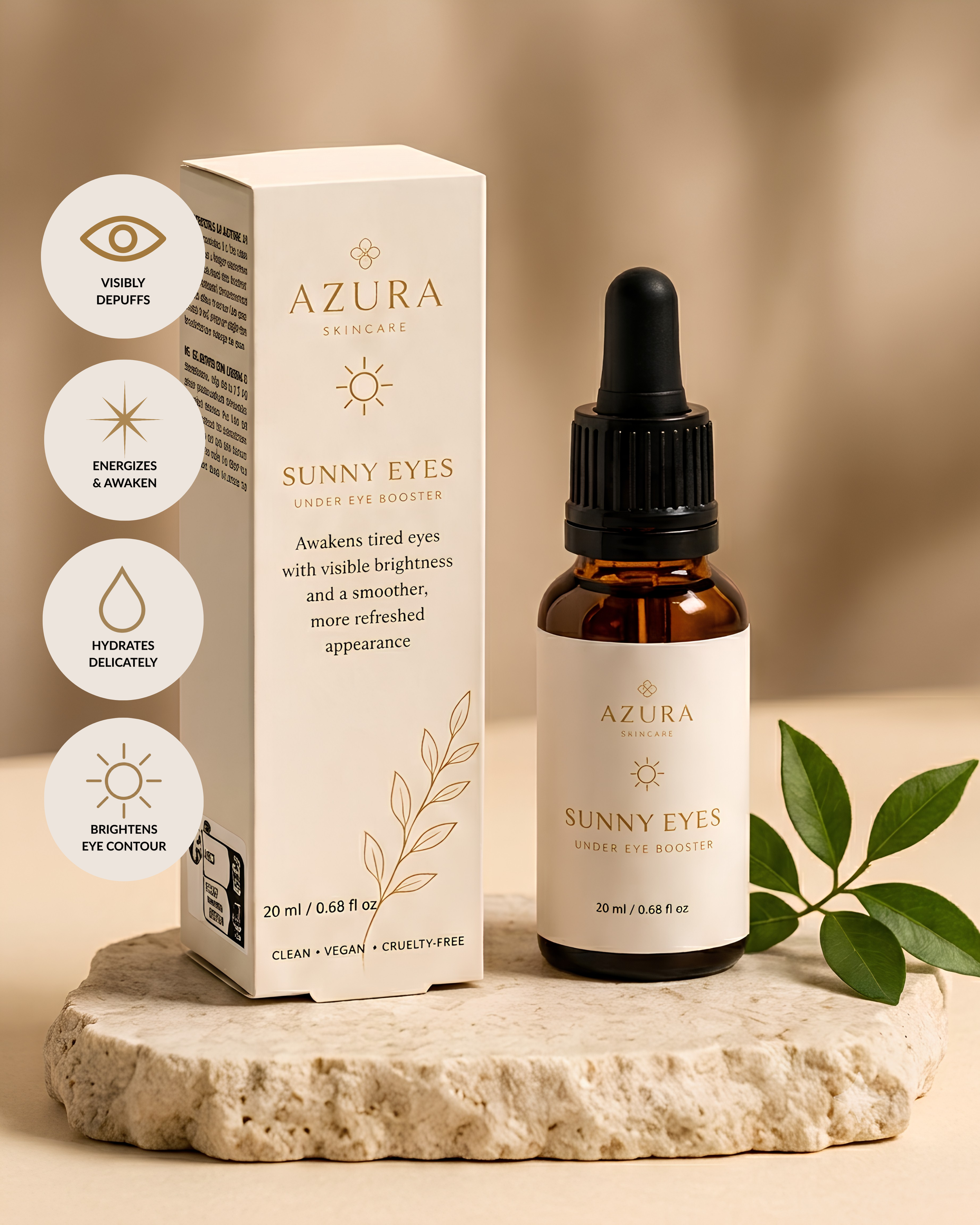 A skincare product called Azura Skincare Sunny Eyes Under Eye Booster in a 20ml amber glass bottle with a black dropper cap, positioned next to its white box packaging, which features minimalistic design with gold text and accents, beside some green leaves, all on a textured stone surface.