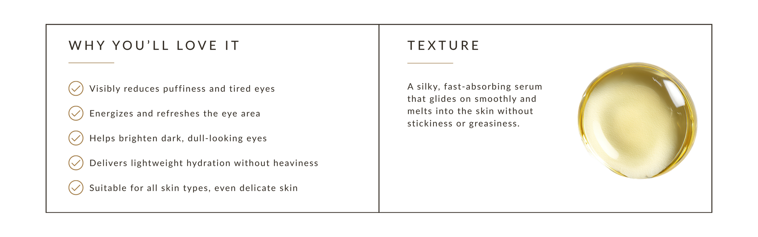 A black informational slide with gold text and checkmarks, highlighting benefits of a skincare serum on the left, and a glossy, light yellow serum in a round container on the right.