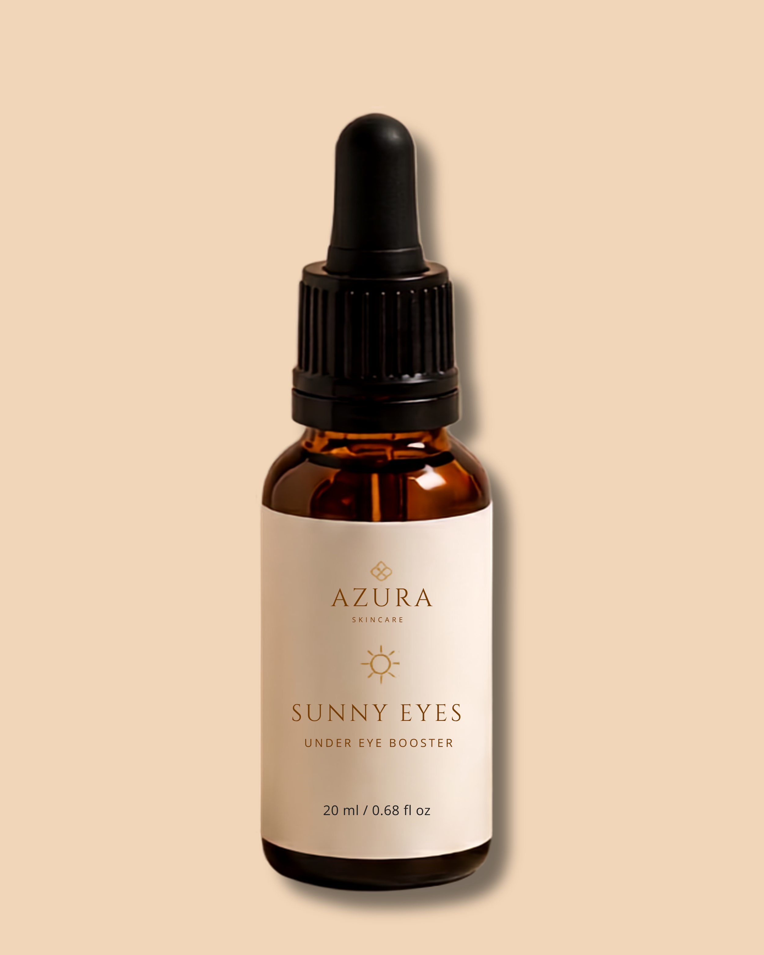 Close-up of a skincare product bottle labeled Azura Skincare Sunny Eyes Under Eye Booster, with a black dropper cap, against a beige background.
