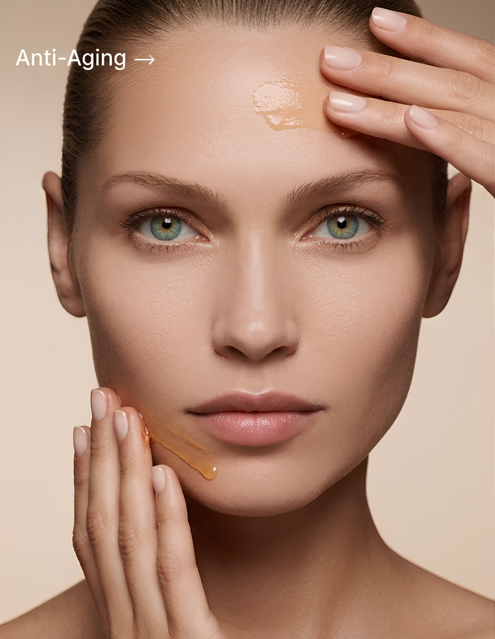 A woman with clear skin has a drop of golden skincare serum on her cheek and is gently touching her face with her fingers, with a small amount of serum on her forehead. Text overlay says 'Anti-Aging'.