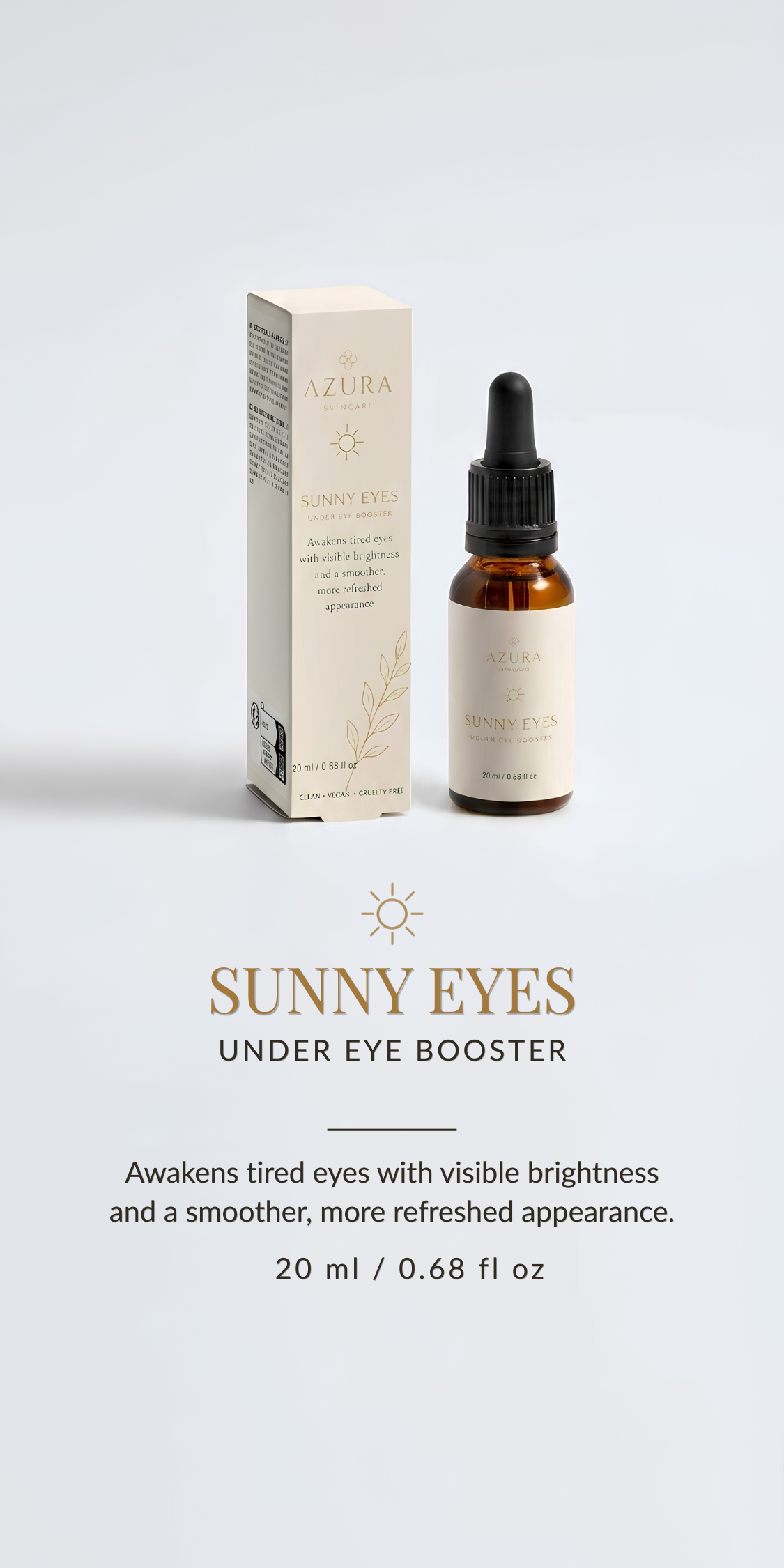 Product packaging for Azura Sunny Eyes Under Eye Boosters, including a small dropper bottle and a box, on a white background with text describing the product benefits.