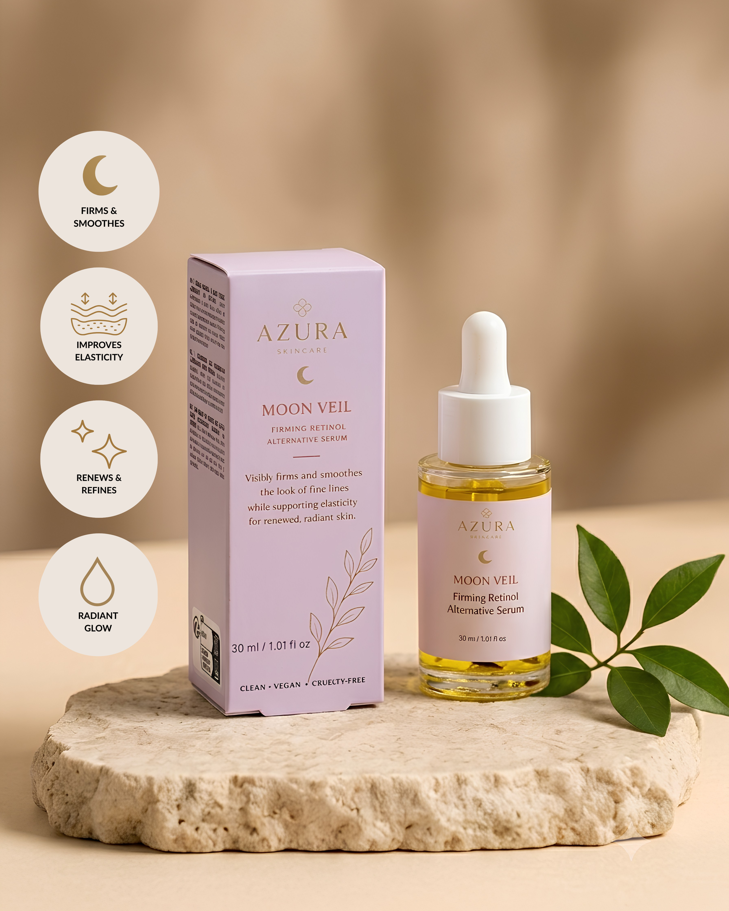 A small white box with a pink and gold design labeled Azura Skincare Moon Veil Firming Retinol Alternative Serum, 30ml. Next to it, a clear glass dropper bottle filled with yellow serum. The setup includes a round, textured stone slab with green leaves to the right, against a neutral background.