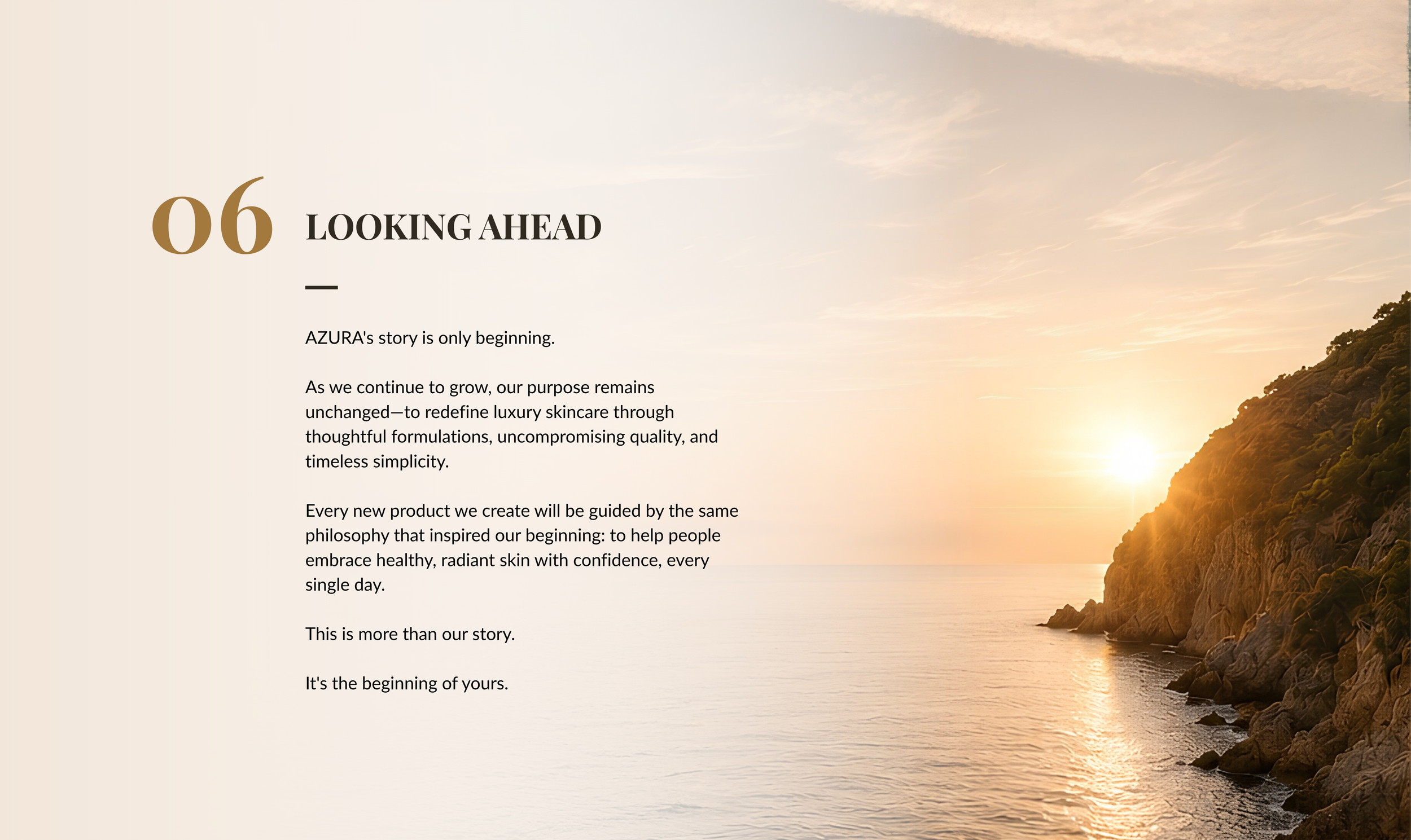 A scenic coastal landscape at sunset with rocky cliffs on the right and a calm sea stretching to the horizon on the left, with a golden light illuminating the scene.